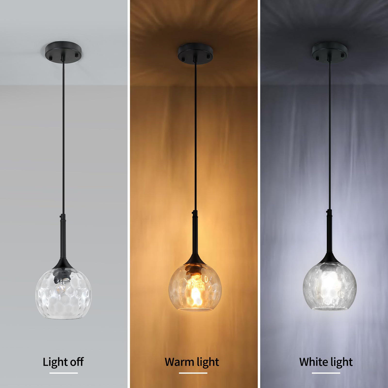 JHLBYL Glass Pendant Light Fixtures, 2 Pack, 6in  Black with Clear Hammered Glass, Model HGPL02