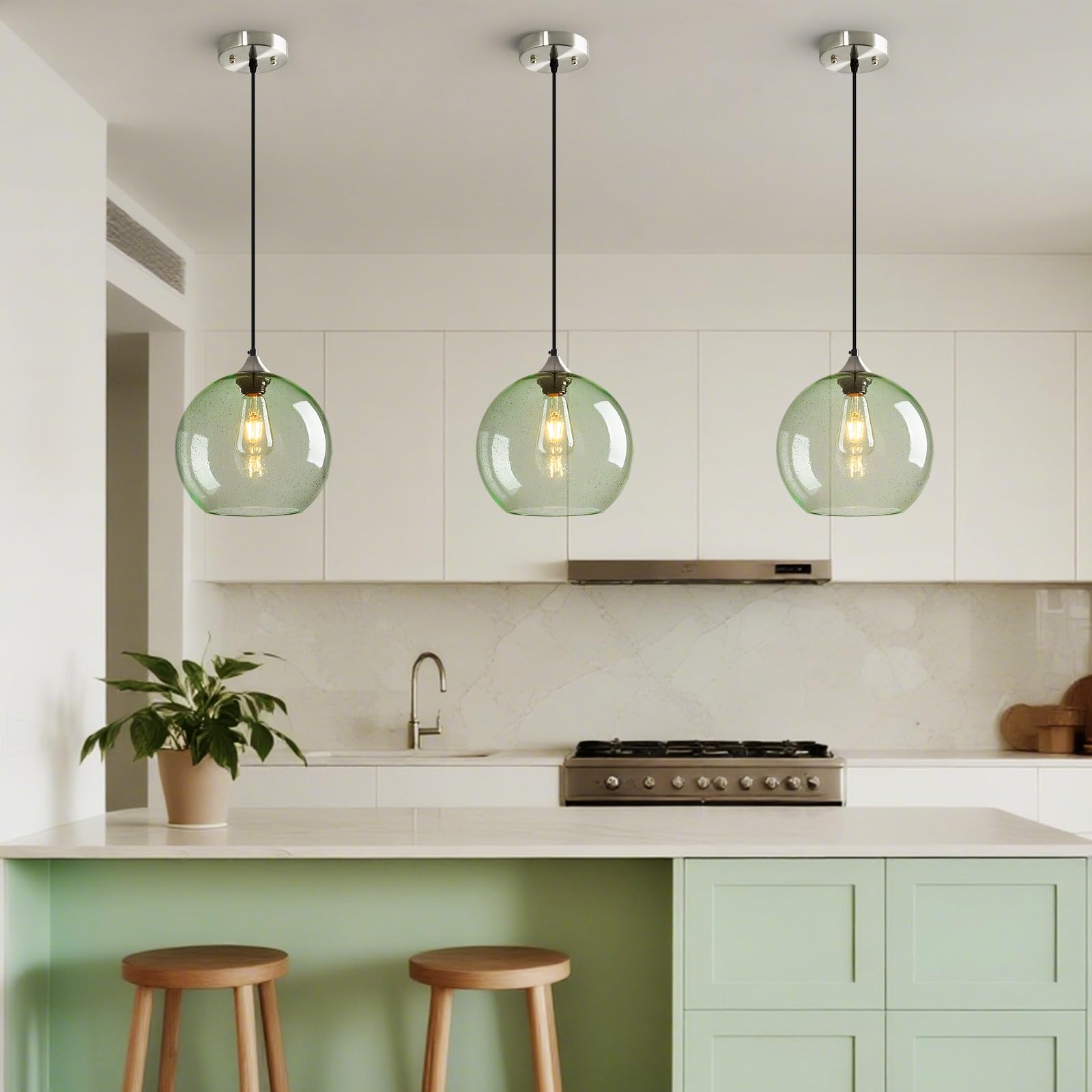 Lbsqj Light Green Glass Pendant Lights Kitchen Island Globe Pendant Light Fixtures Modern Pendant Lighting For Bedroom Living Dining Room Light Fixture (9.84 In  3 Pack)