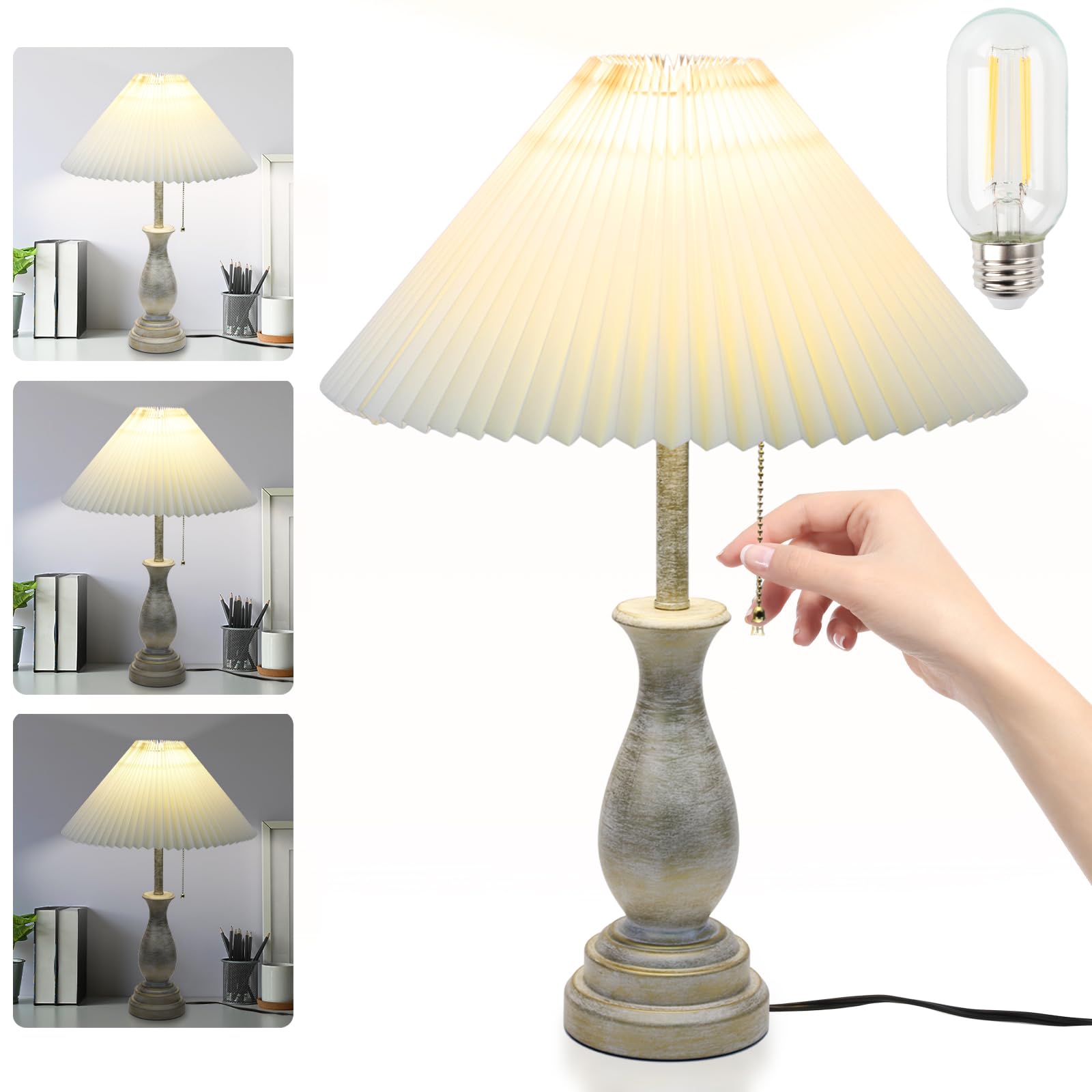Farmhouse Table Lamp with Pull Chain Switch Control 3-Way Dimmable Table Lamp, Modern Nightstand Lamp Bedside Desk Lamp with Fab