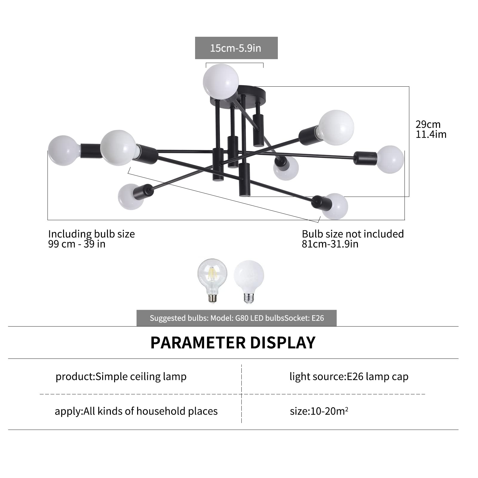 Garwarm Black Ceiling Light Fixture, 8-Lights Semi Flush Mount Ceiling Light, Sputnik Chandelier Industrial Ceiling Lamp For Kit