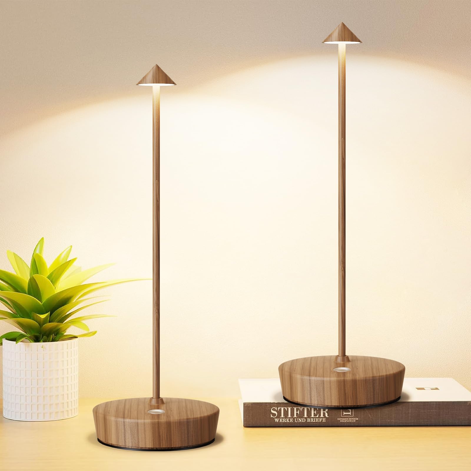 Tpczqj Rechargeable Cordless Table Lamp Set of 2, 6000mAh LED, Touch 3 Color Dimming, Waterproof, Light Woodgrain, Model HT-x12-