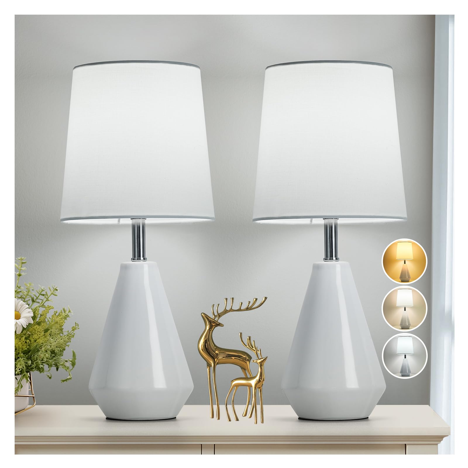 bdayanx Small Bedside Table Lamp for Bedroom-Reading Desk Lamp Set of 2 with 3 Color Temperatures 15.5 Nightstand Ceramic Lamp with Fabric Shade for Kids Room Living Room Dorm Home Office(White)