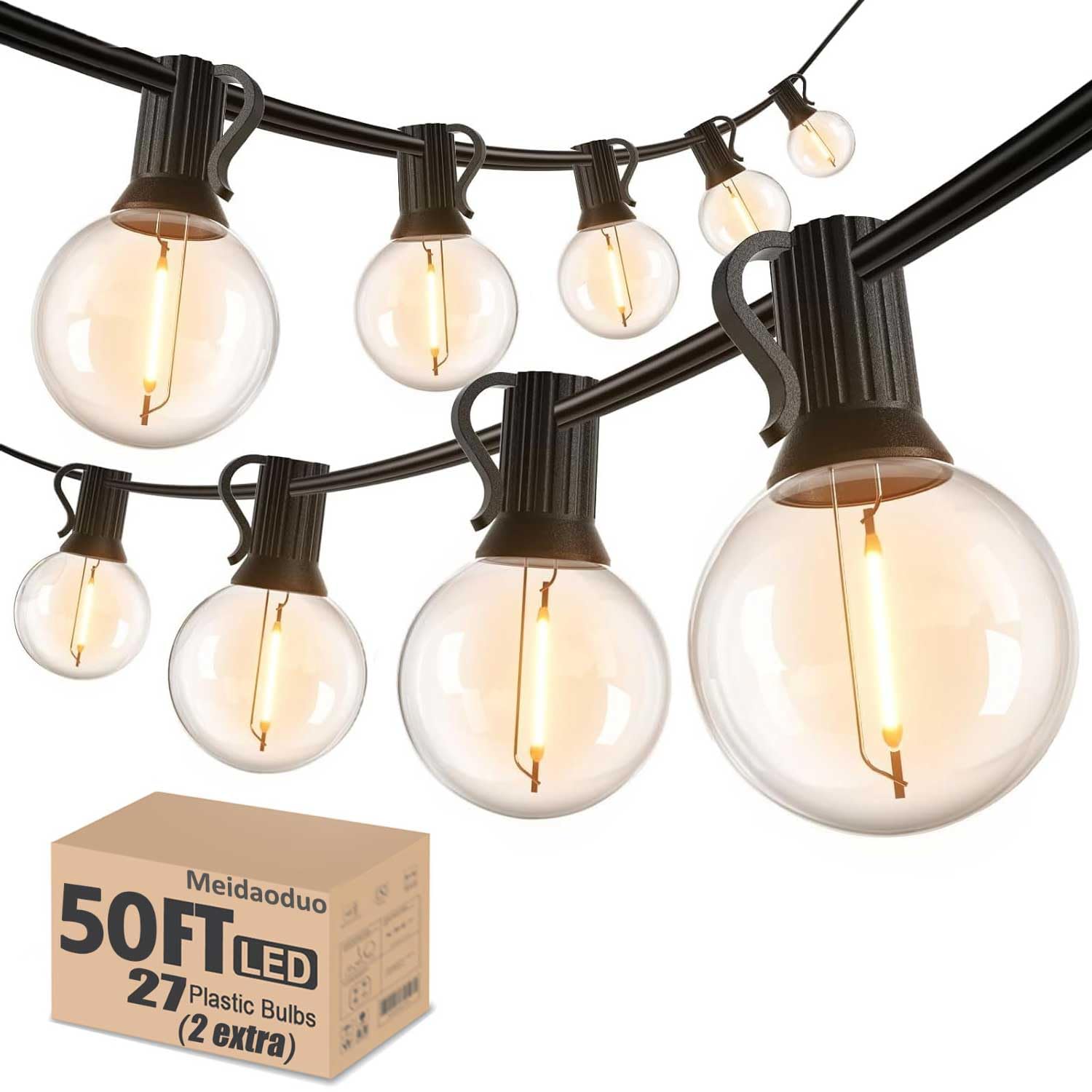 Meidaoduo Outdoor String Lights 50Ft G40 Led Globe Bulbs - Shatterproof, Connectable, Waterproof - 27 Bulbs (2 Extra), 25 E12 Ha