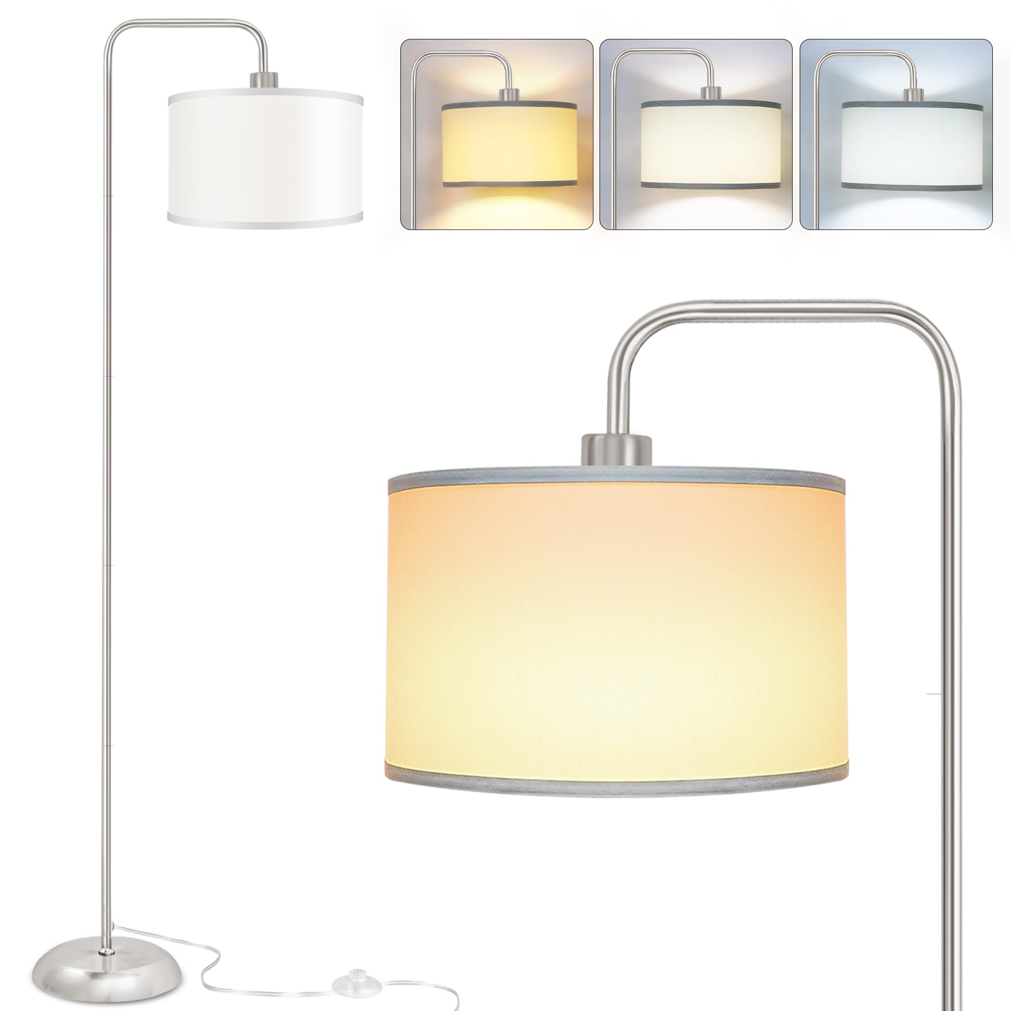 Partphoner Led Floor Lamp - 3 Color Temperatures, Modern Silver Standing Lamp With Foot Switch