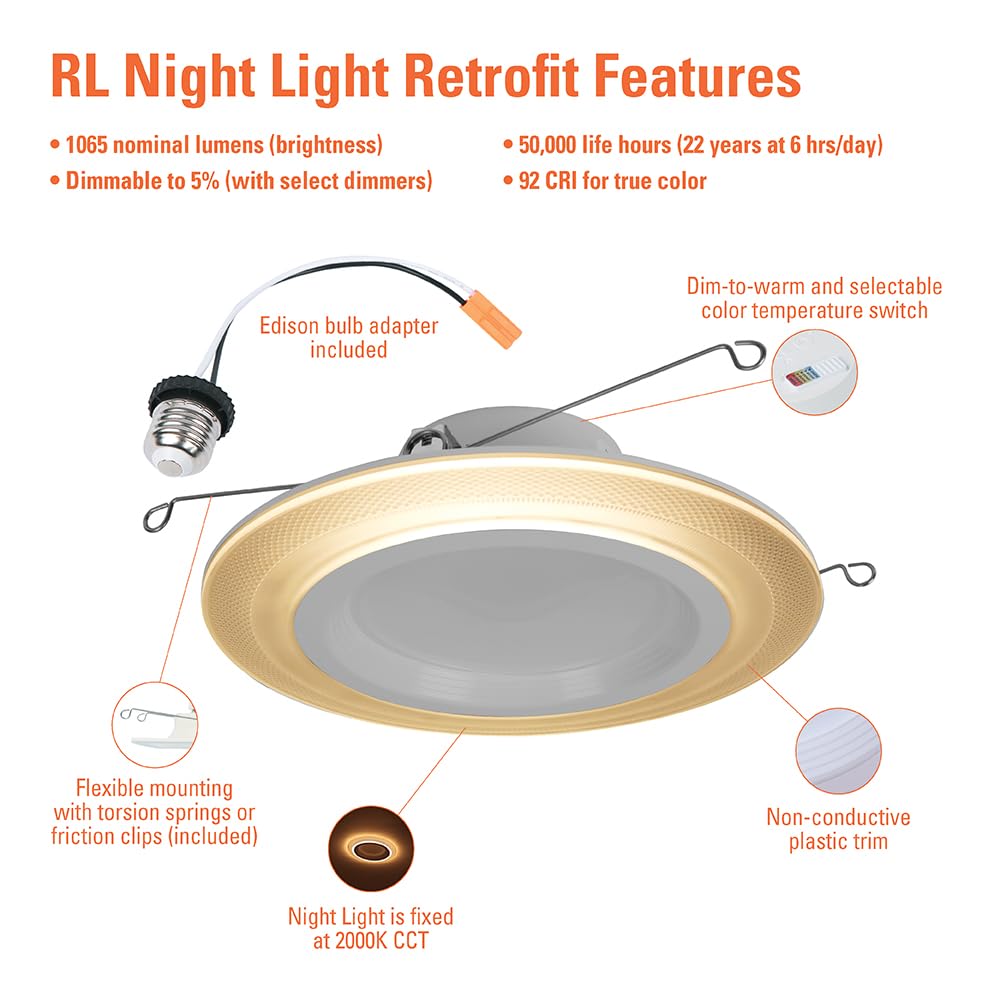 Halo Rl Night Light 5/6 Inch Recessed Led Trim, Retrofit Module, 1000-Lumens, Selectable Cct 2700K, 3000K, 3500K, 4000K, 5000K W