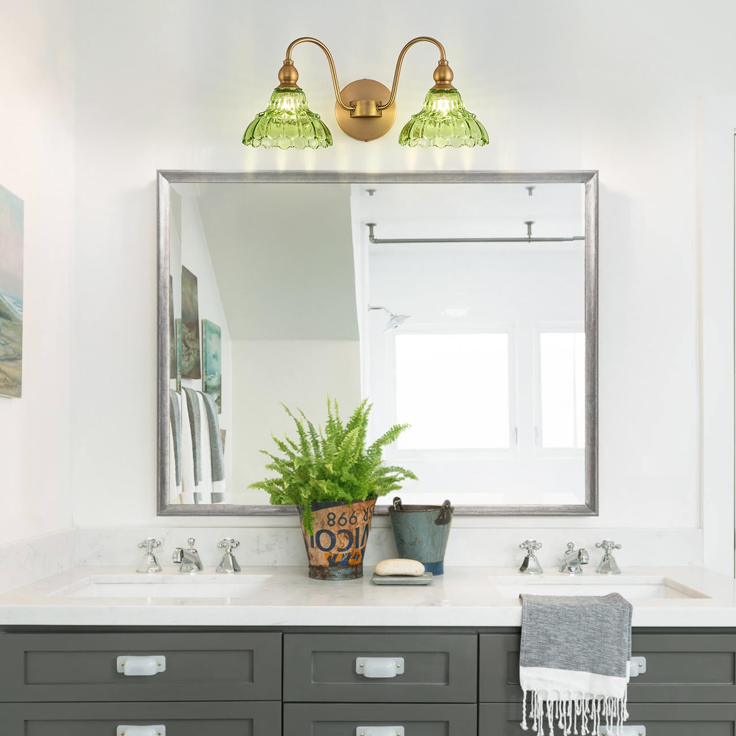 TLOLGT Vintage 2-Light Bathroom Vanity Light, Green Glass Wall Sconces, Model LS178-2, Perfect for Bathroom & Hallway Lighting