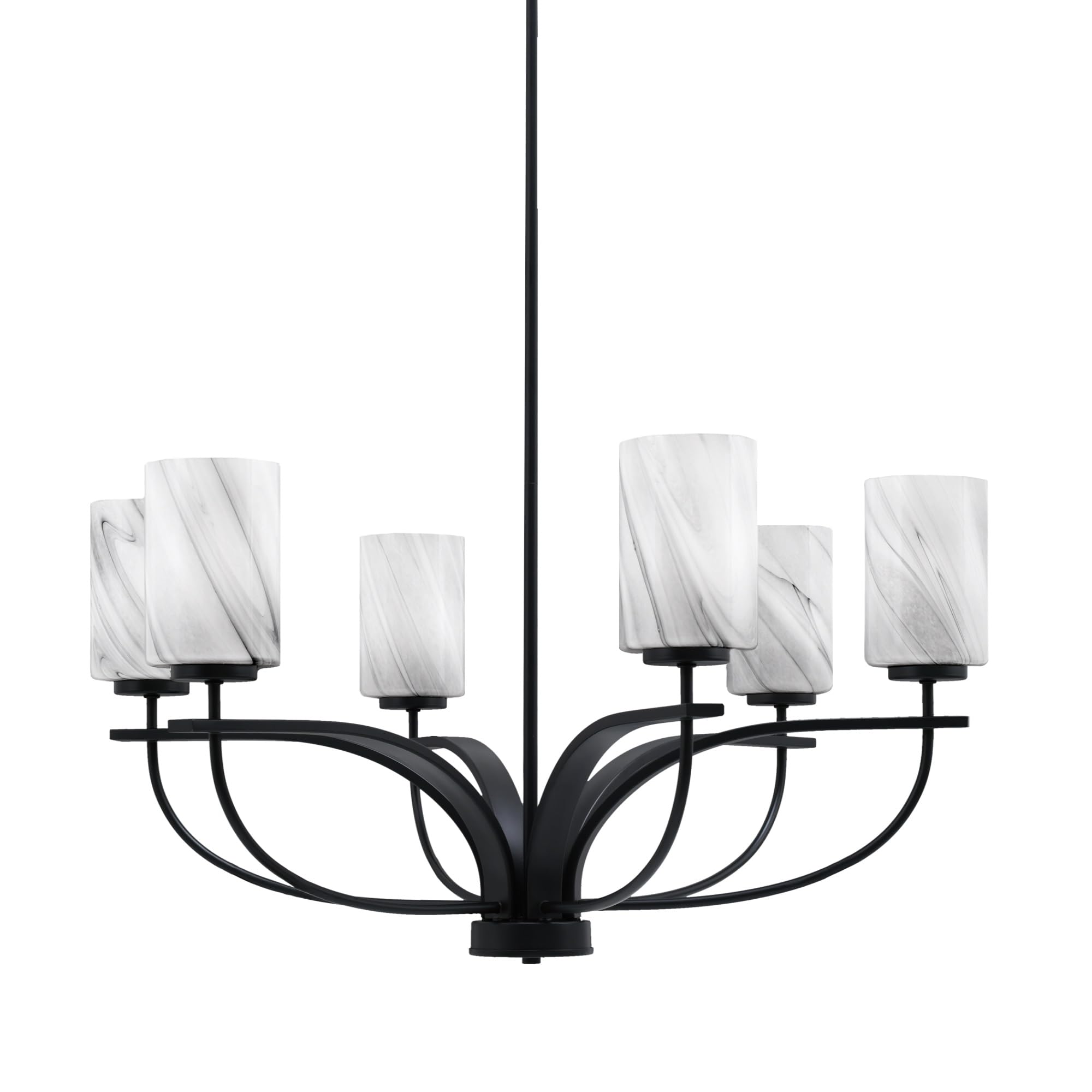 Toltec Lighting Cavella 6 Light Chandelier Shown in Matte Black Finish with 4&quot; Onyx Swirl Glass