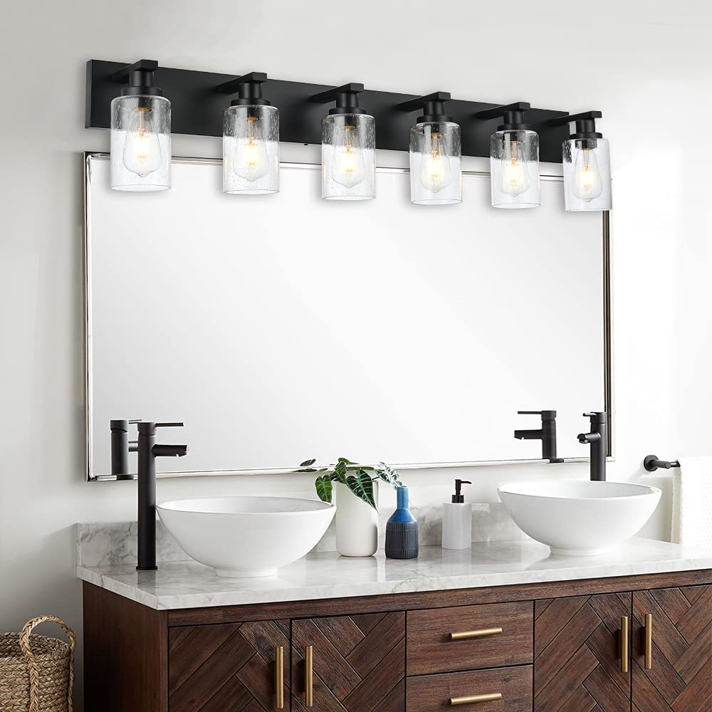 Winshen Modern Bathroom Vanity Light 6-Light Lamp In Black, Farmhouse Wall Light Fixture With Seeded Glass Shades Indoor Wall La