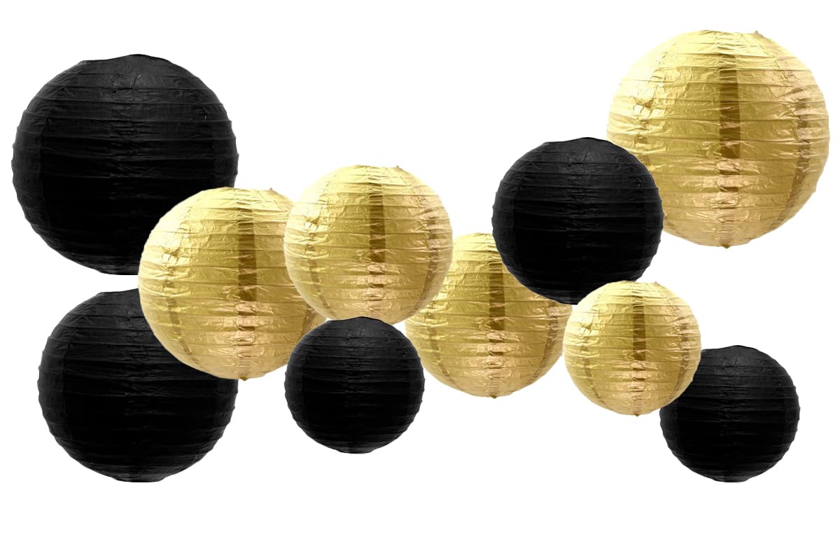 AimtoHome Paper Lanterns Decorations, 10 Pcs, 4-10 in, Black/Gold, Model XDW-Paper Lanterns-BK/GD-10PC