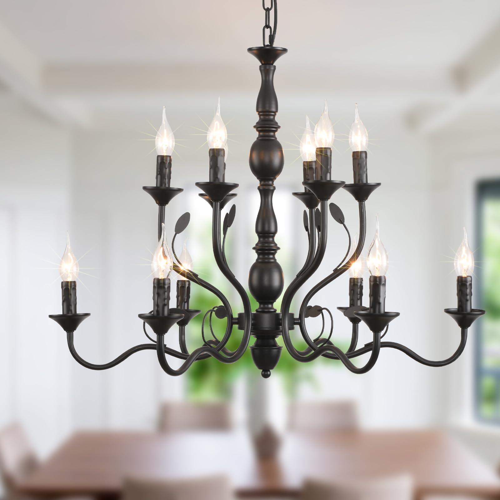 Ganeed 12-Light Black Farmhouse Chandelier, Rustic Iron Pendant Lighting for Dining Room, Kitchen Island, Model 122-12