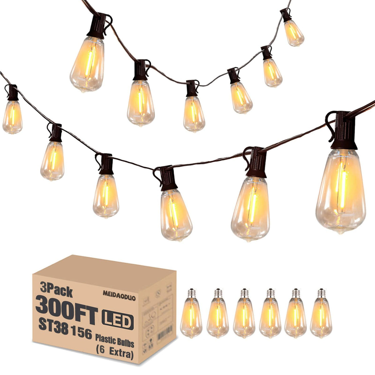 Meidaoduo 300Ft Edison String Lights Outdoor Waterproof With 150+6 Extral Led Shatterproof St38 Edison Bulbs 2200K For Outside P