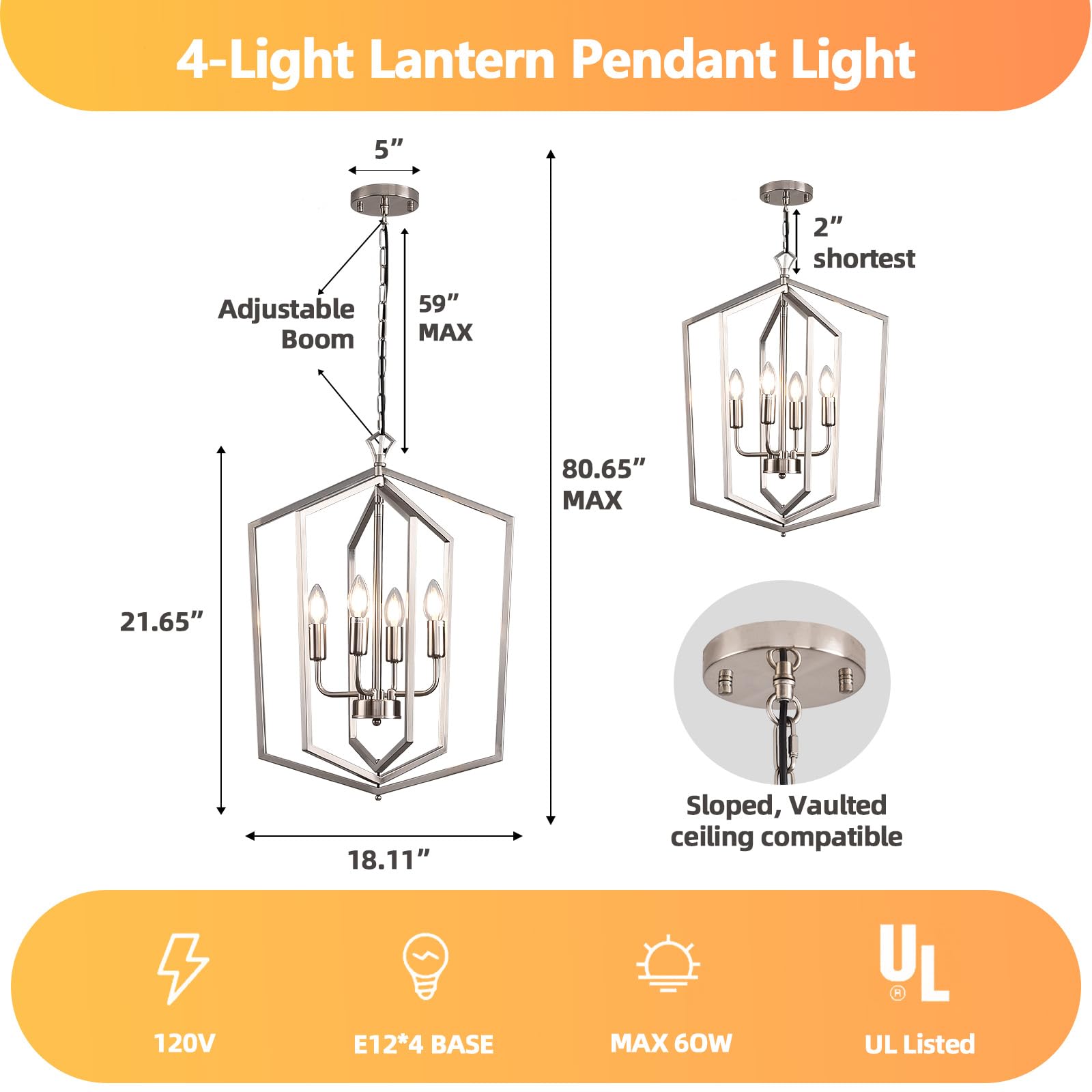 4-Light Lantern Pendant Light Chrome Modern Hanging Pendant Light Fixtures, 18.1'' With Adjustable Chain Metal Cage Dimmable Geo