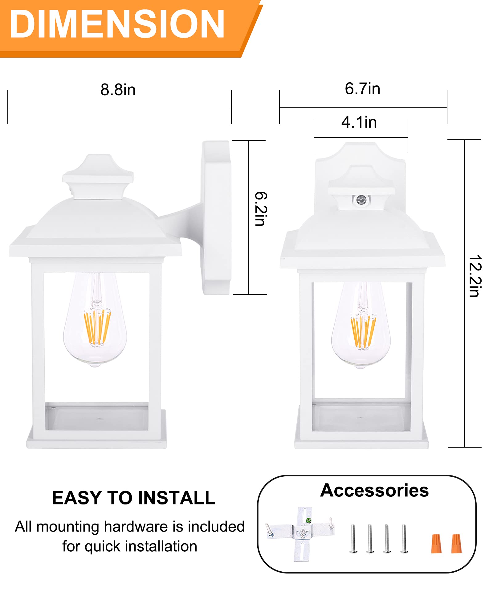 FUDESY Outdoor Wall Lantern, Dusk to Dawn Sensor, E26 Socket, 3000K LED Bulb, Plastic, White, Model FDS748EPSW, Size 748-