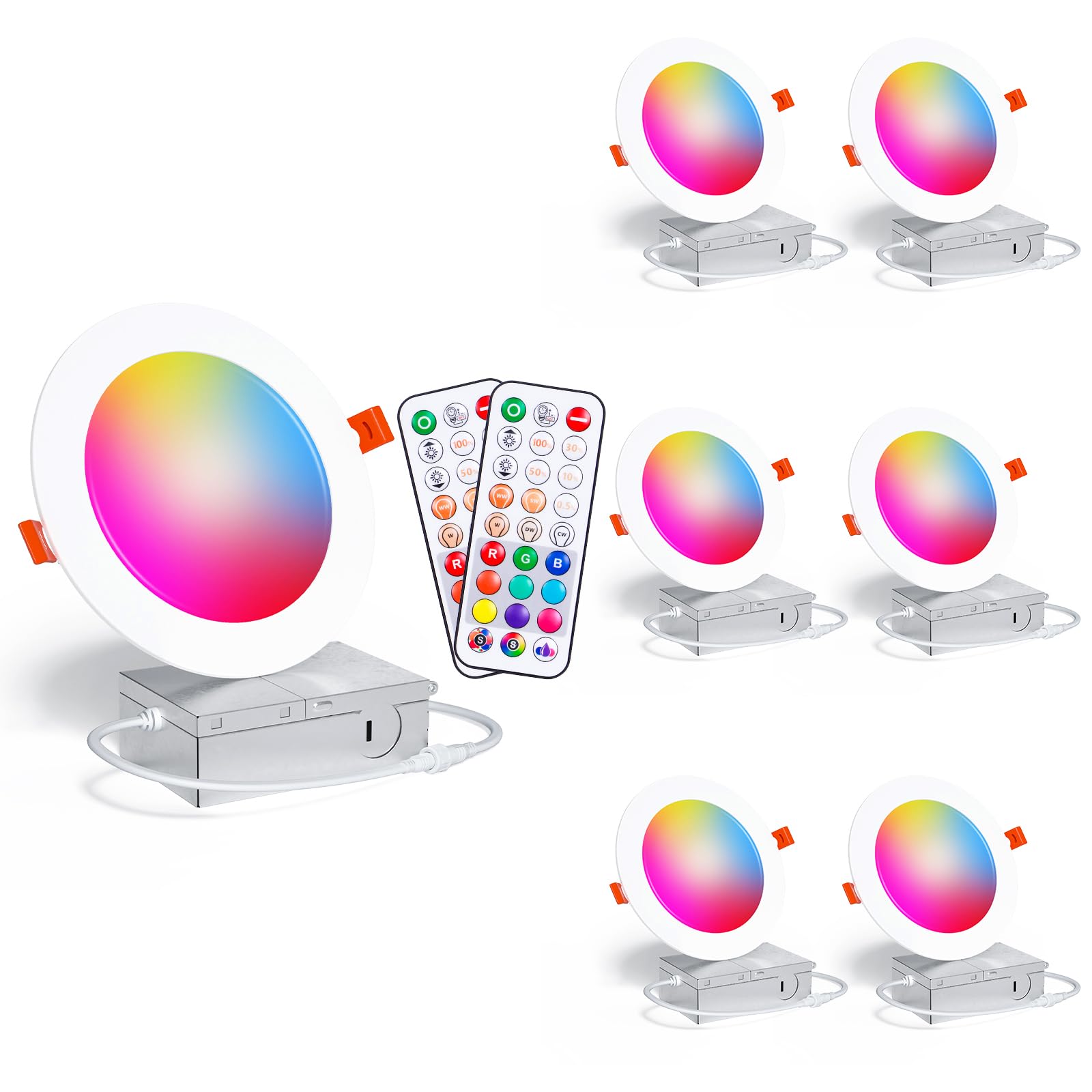 Taptoron 4 Inch LED Recessed Lighting, RGBCW Color Changing, 12W 1080LM, Dimmable, Model TD4C001, 6 Pack