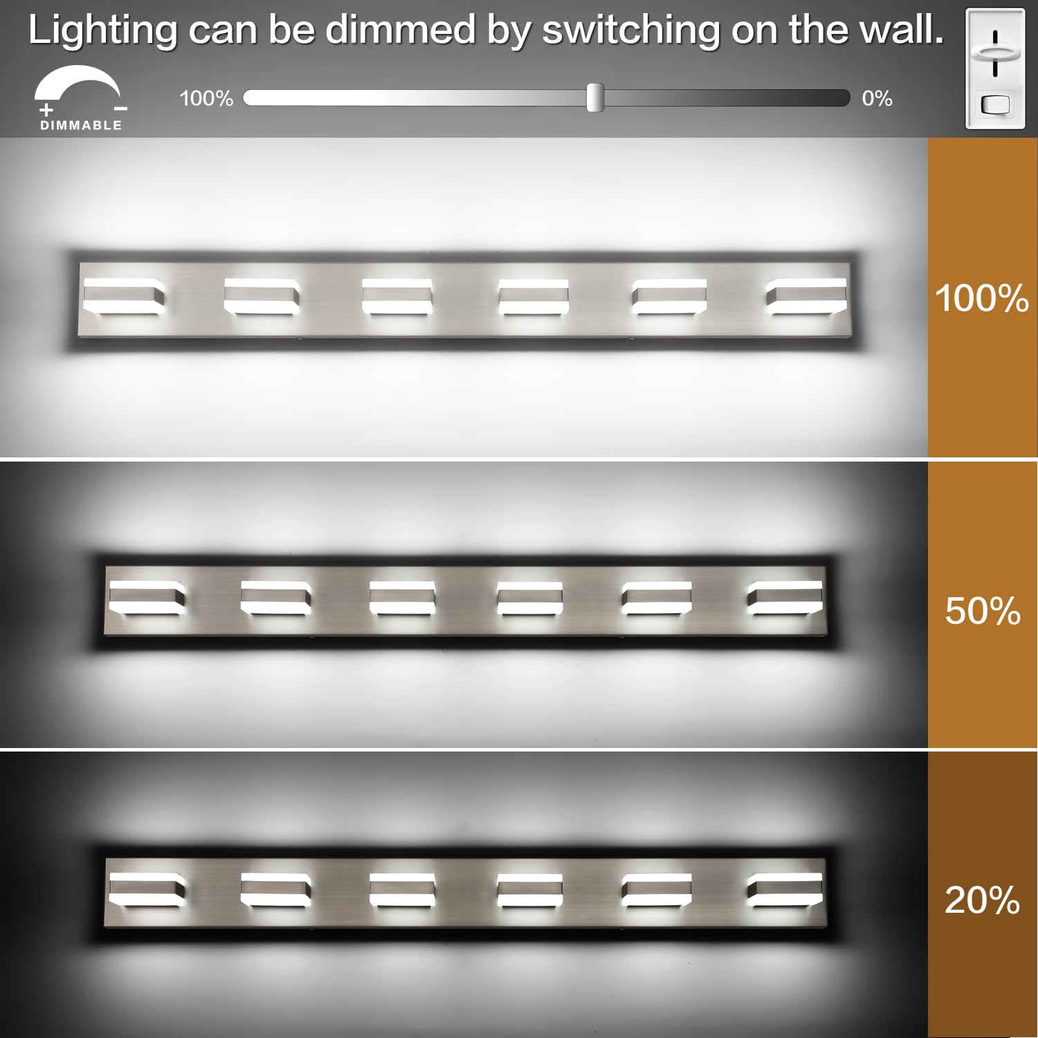 SOLFART LED Bathroom Vanity Light Fixture, 6 Light, Brushed Nickel, 45.3 inch, Model S8568-6T-6000K-Nickel, Modern Design