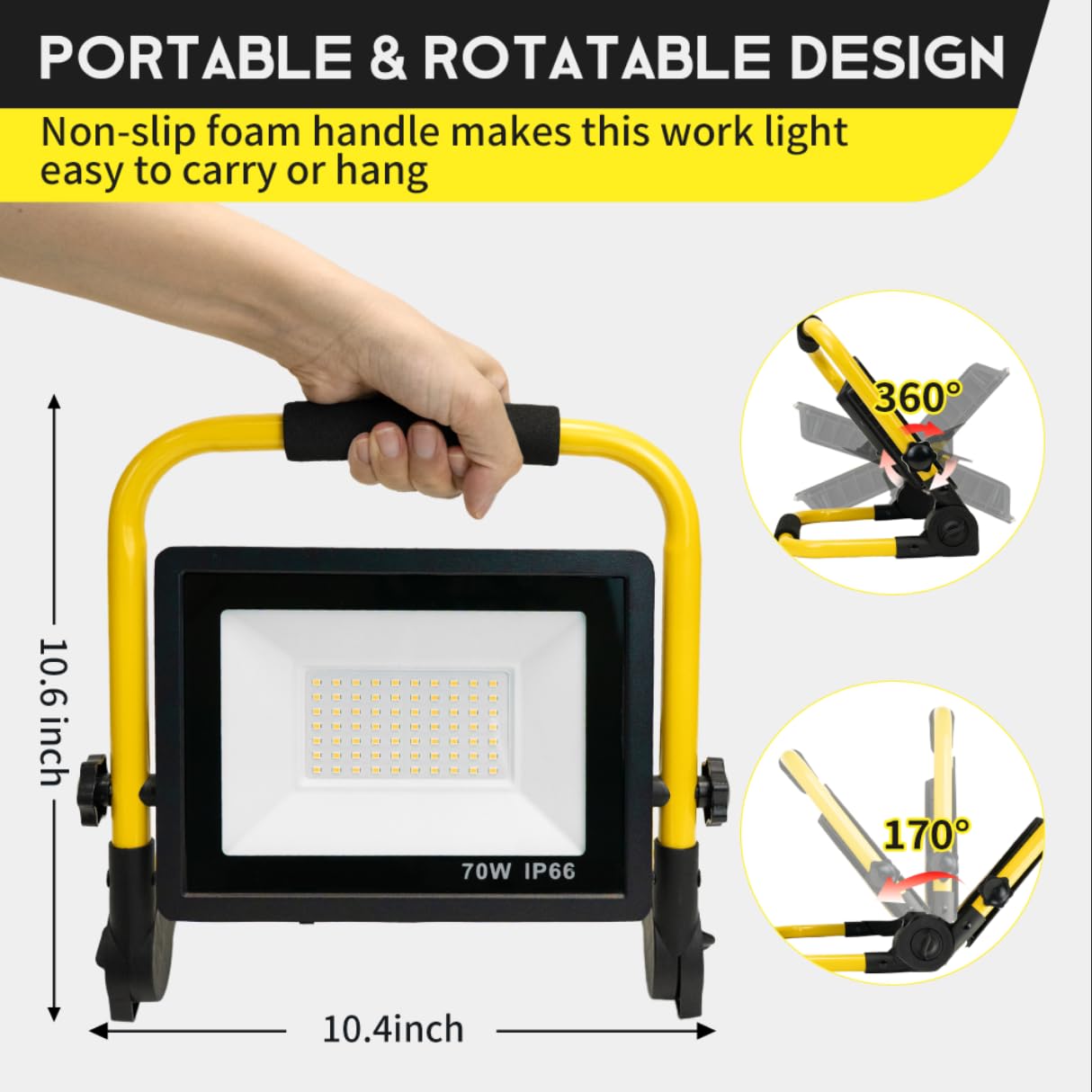 PACOLIT P 10000LM LED Work Light - Portable, 5FT Cord, IP66 Waterproof, Yellow, 11 In-1 Head for Job Site & Garage