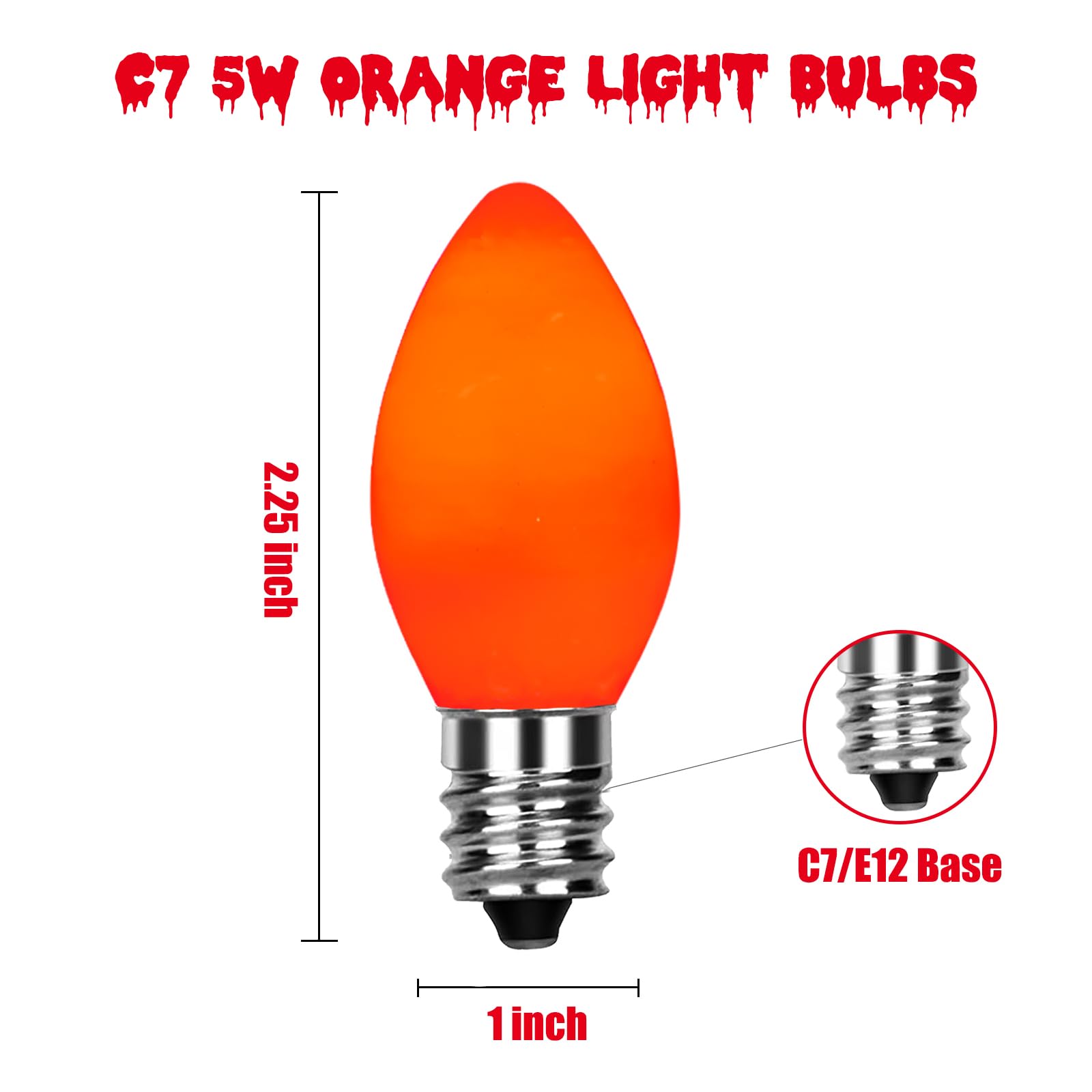 Sunsgne C7 Christmas Orange Incandescent Night Light Bulbs, 25 Pack C7 Ceramic Replacement Bulbs For Outdoor String Lights, E12