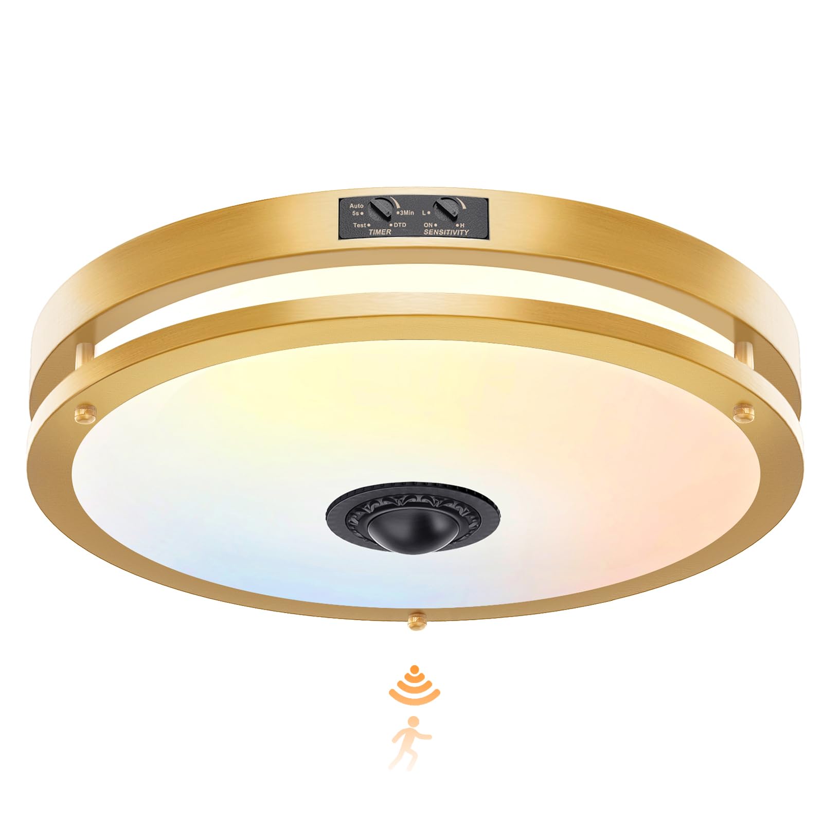 OYKYOHEI 24W LED Motion Sensor Outdoor Ceiling Light  12IN 2700K/3000K/3500K/4000K/5000K Adjustable Ceiling Lights  Dusk to Dawn Flush Mount LED Ceiling Light Fixture for Porch  Garage  Gold