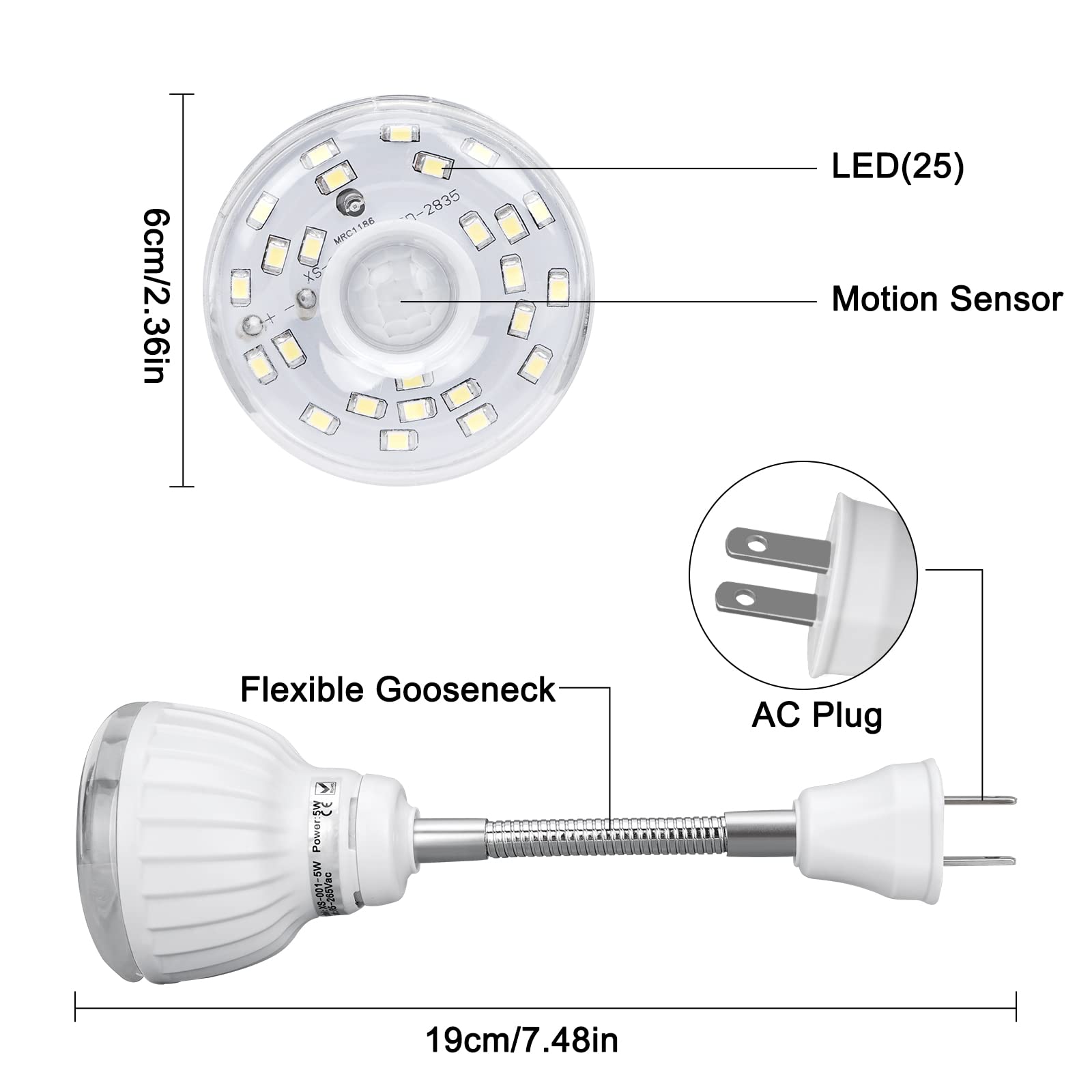 2Pcs 3W White Plug In Motion Sensor Night Light Indoor, Pir Infrared Motion-Activated Led Night Light For Ac Outlet,Dusk To Dawn