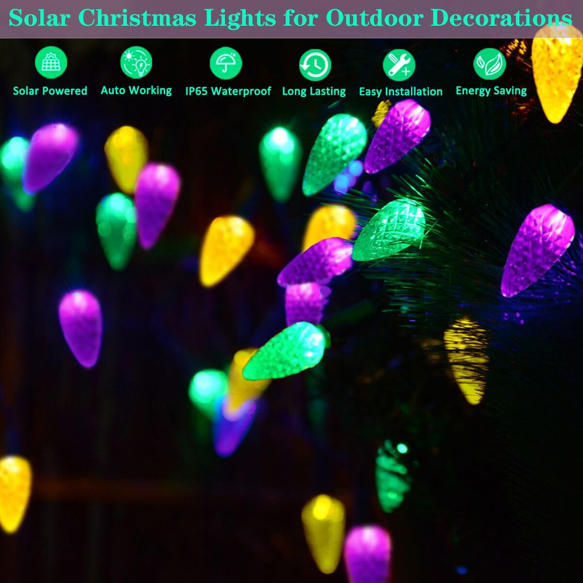 Huacenmy Solar Mardi Gras Lights, 50 LEDs C6, Waterproof Yellow Purple Green Decor for Outdoor Camping and Holiday Decorations