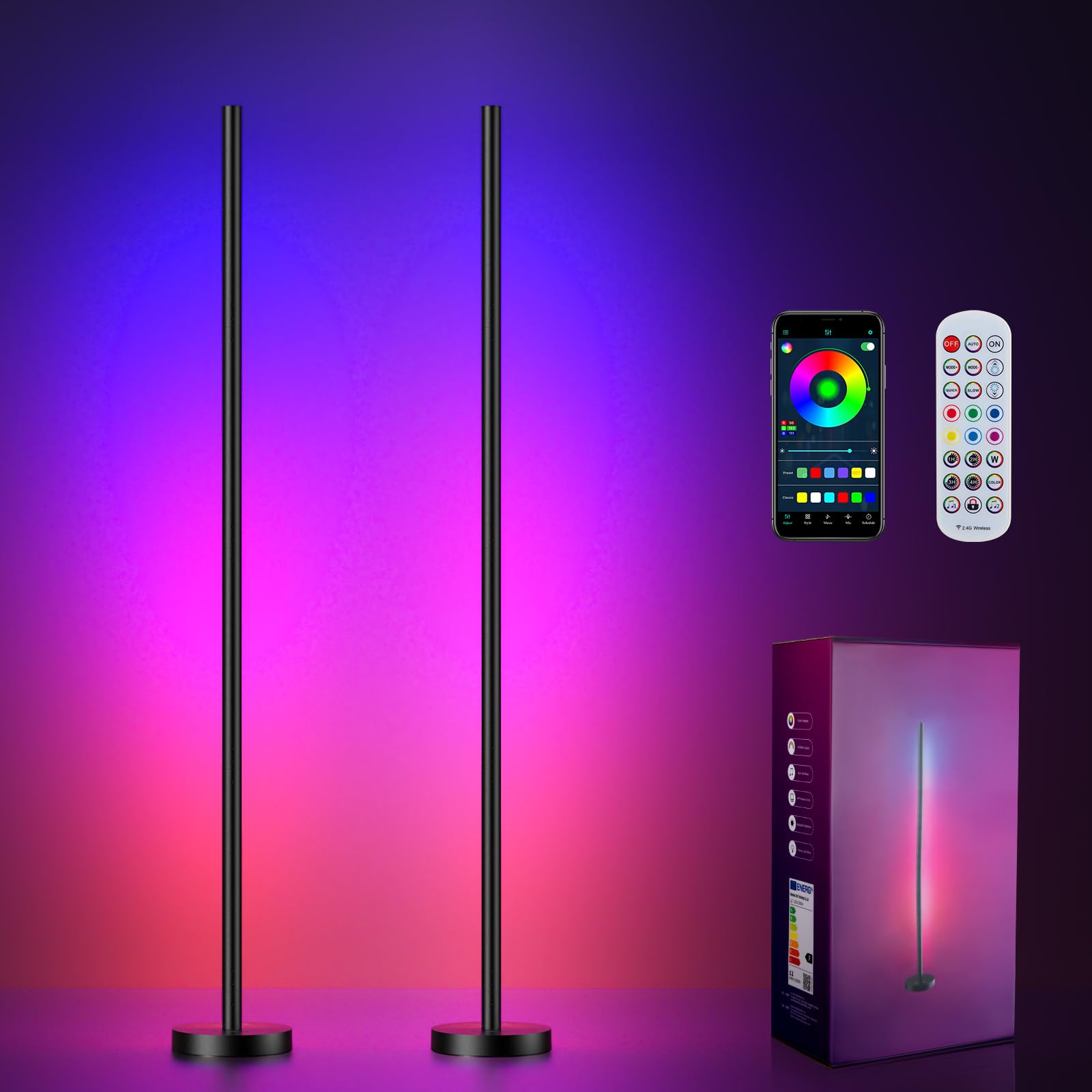 Corner Floor Lamp, 2 Pack LED Corner Lamp with App and Remote Control, RGBICW 16 Million DIY Colors & 68+ Scene, Music Sync, Col