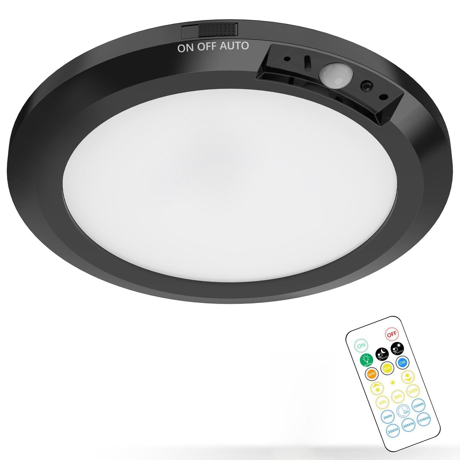 Koopala Battery Operated LED Ceiling Light Fixture with Auto Motion Sensor, 3 Colors/Brightness, Black, Model KP-DY102-B-US