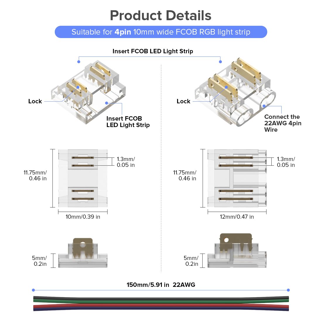 Fcob Cob 10Mm 4Pin Connector Kit 10Pcs Strip To Strip Connector 6 Pairs Of Wire To Strip Connectors 5Pcs 15Cm Long 22Awg Wires F
