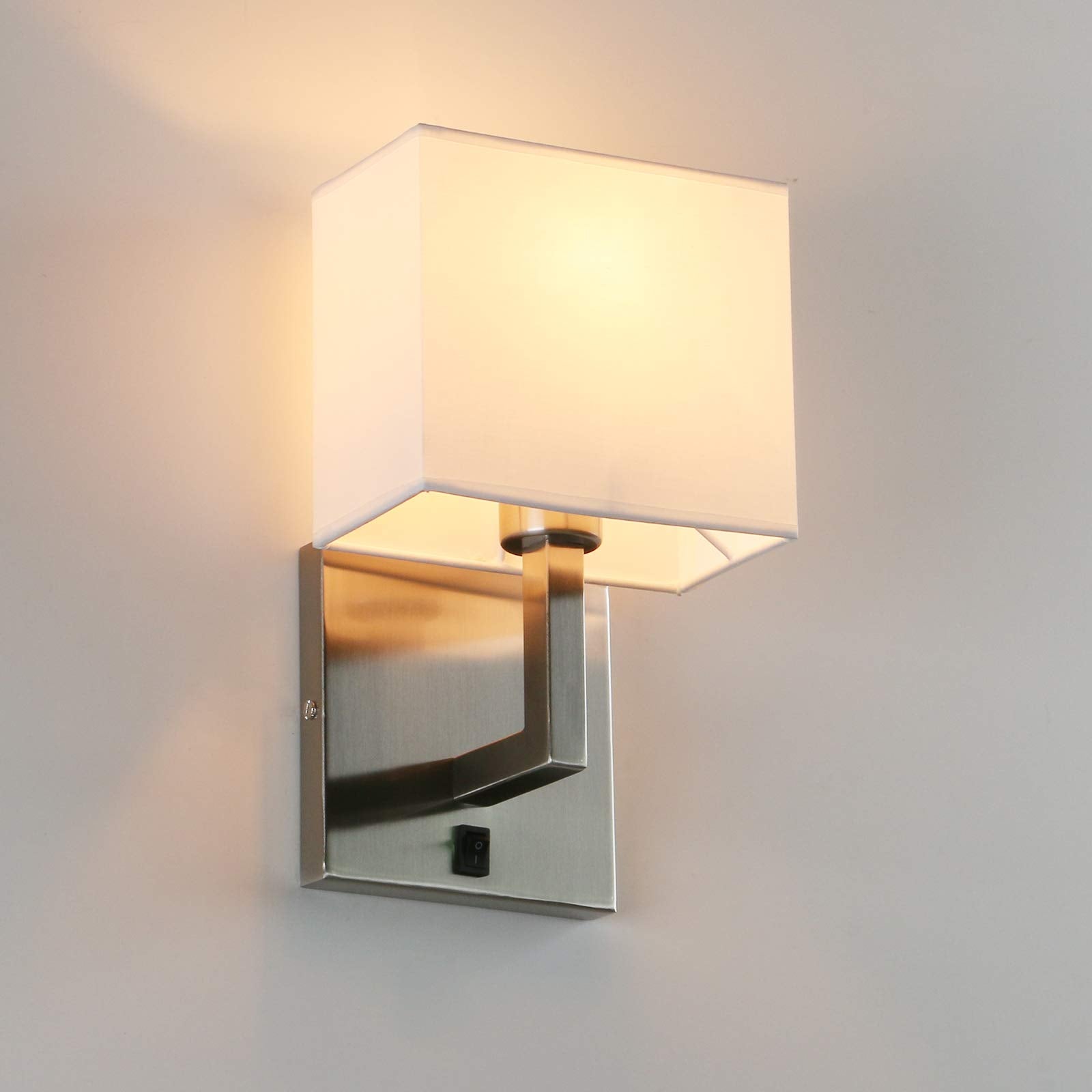Permo Single Wall Sconce Light Fixture Brushed Finish With White Textile Shades And On/Off Switch Button Small Modern Nightstand
