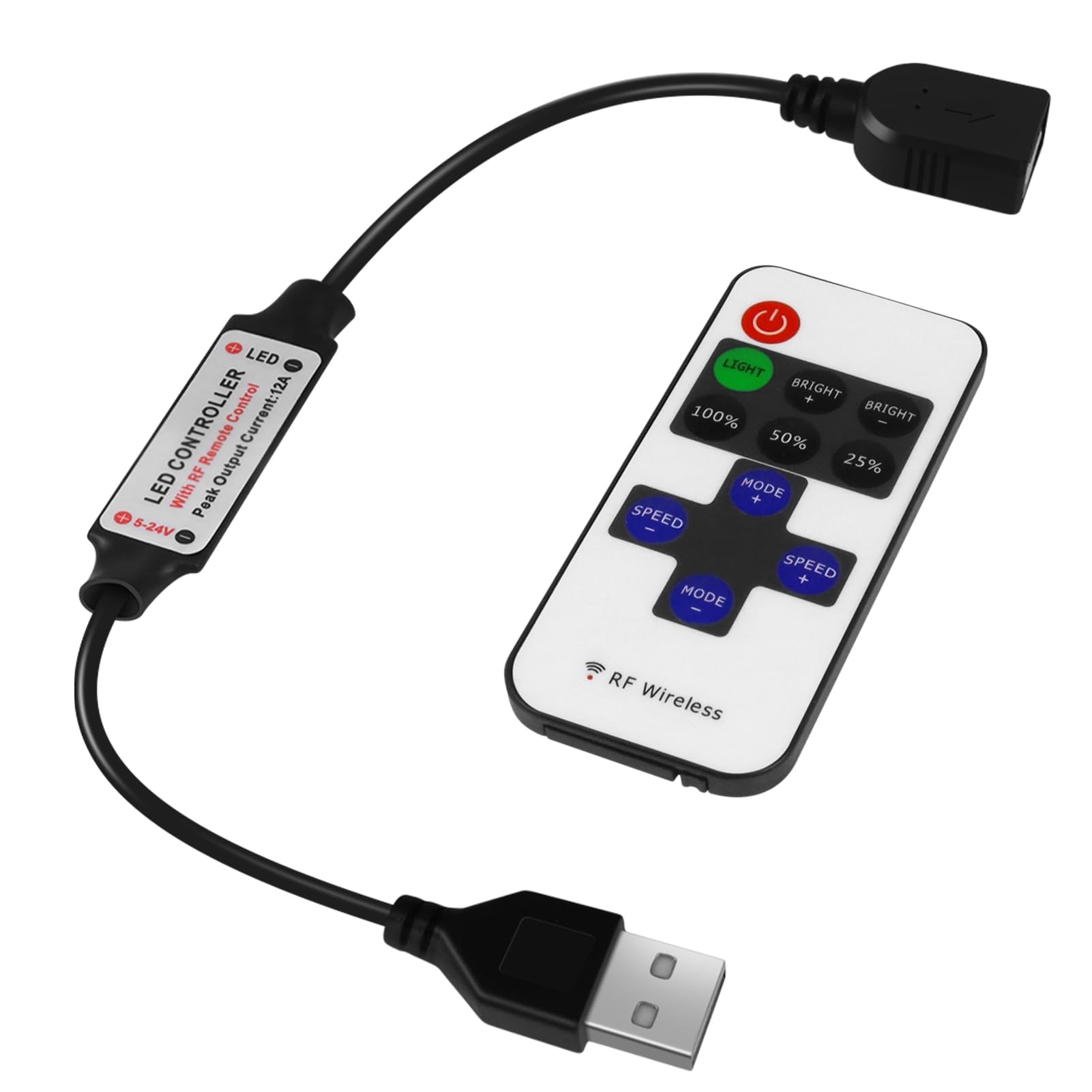 LEDLightsWorld RF Mini Wireless Remote Controller for USB LED Strips, Model DC-RF-USB-US, 1 Pack, USB to USB