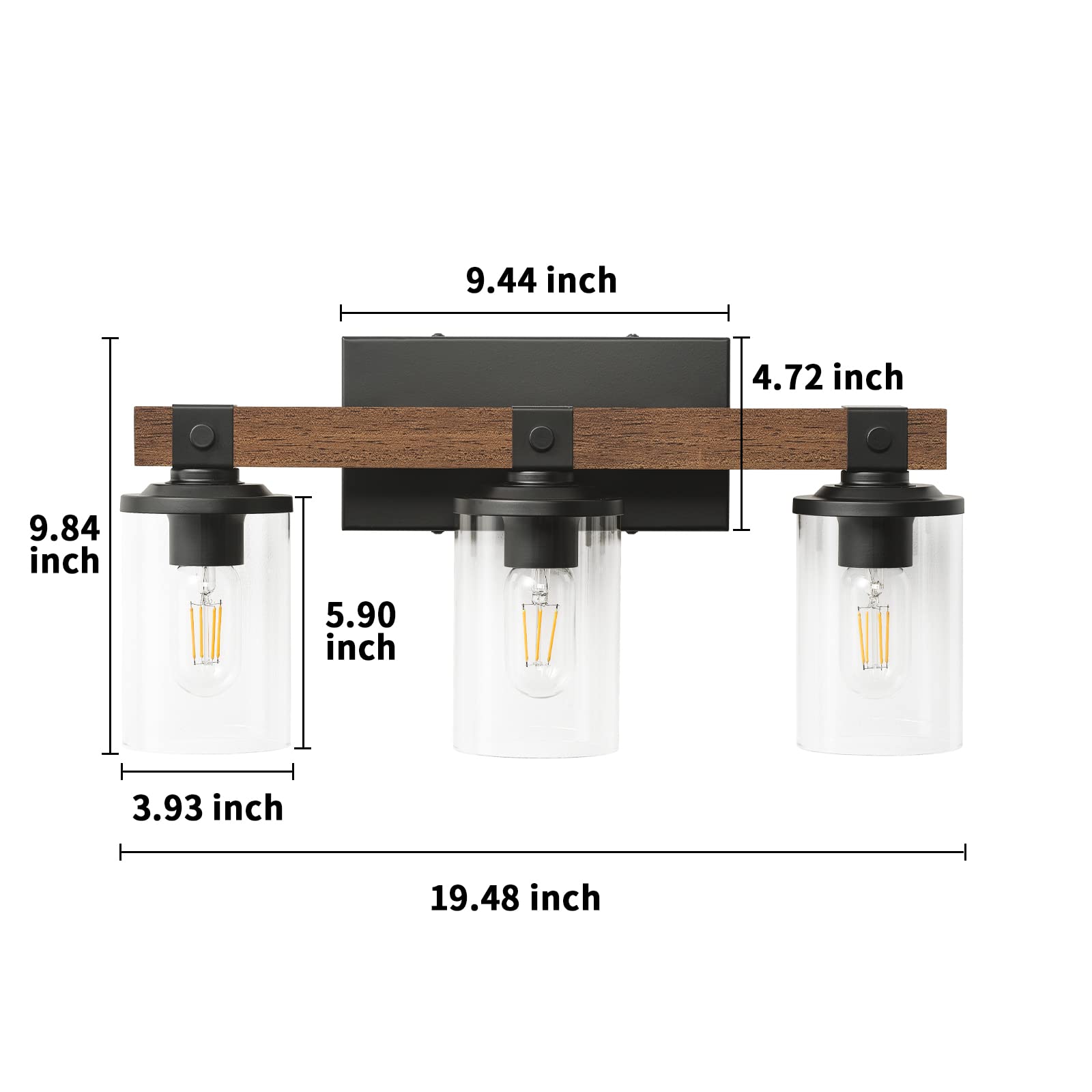 Goyeel 3-Light Rustic Bathroom Vanity Light Fixture, Antique Wood With Clear Glass Shade