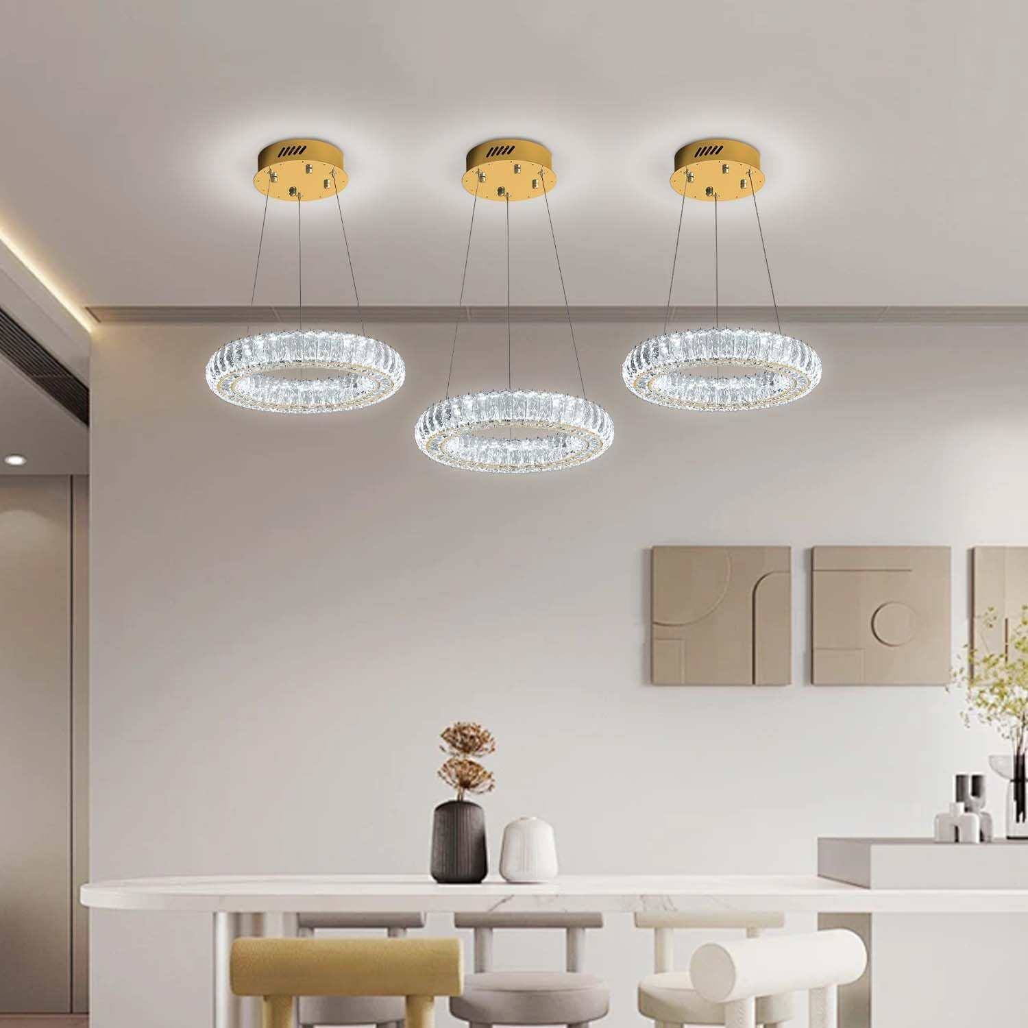 Idequy Modern Led Gold Ring Pendant Light 7.8'' Dimmable Crystal Chandelier Adjustable Round Crystal Chandelier Light Fixtures F