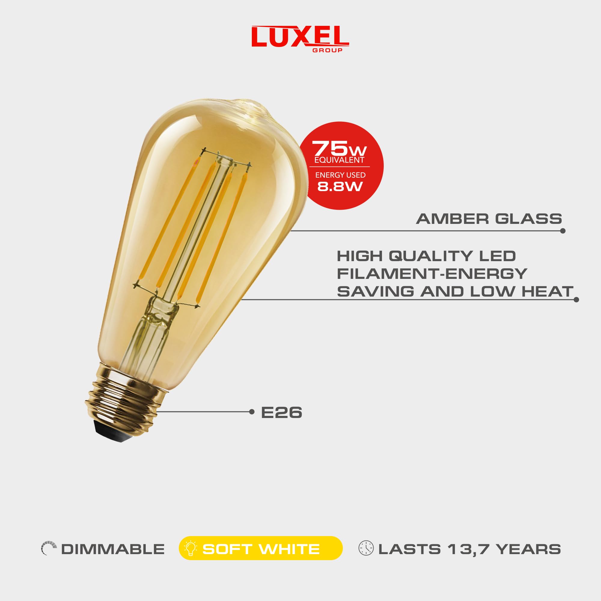 Vintage Led Edison Bulbs St19 (St64) - 8.8W Equivalent 75W - Dimmable High Brightness Soft White 2700K Antique Led Filament Bulbs - 800 Lumens - E26 Medium Base - 3Pk (Amber Glass)