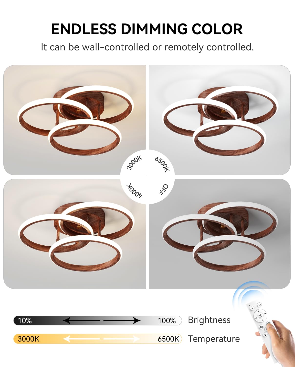 Miss Lighting Dimmable LED Semi Flush Mount Light Fixture with Remote Control, 15in-3 Ring Wood, Modern Chandelier for Bedroom and Kitchen