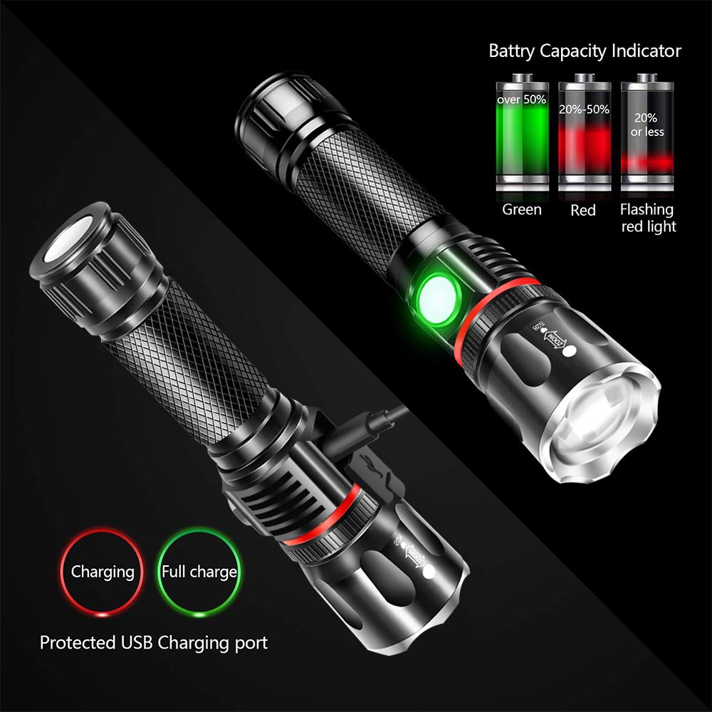 Vnina Tactical Flashlight 2 Pack, Rechargeable, Super Bright, Zoomable, Water-Resistant, 4 Modes