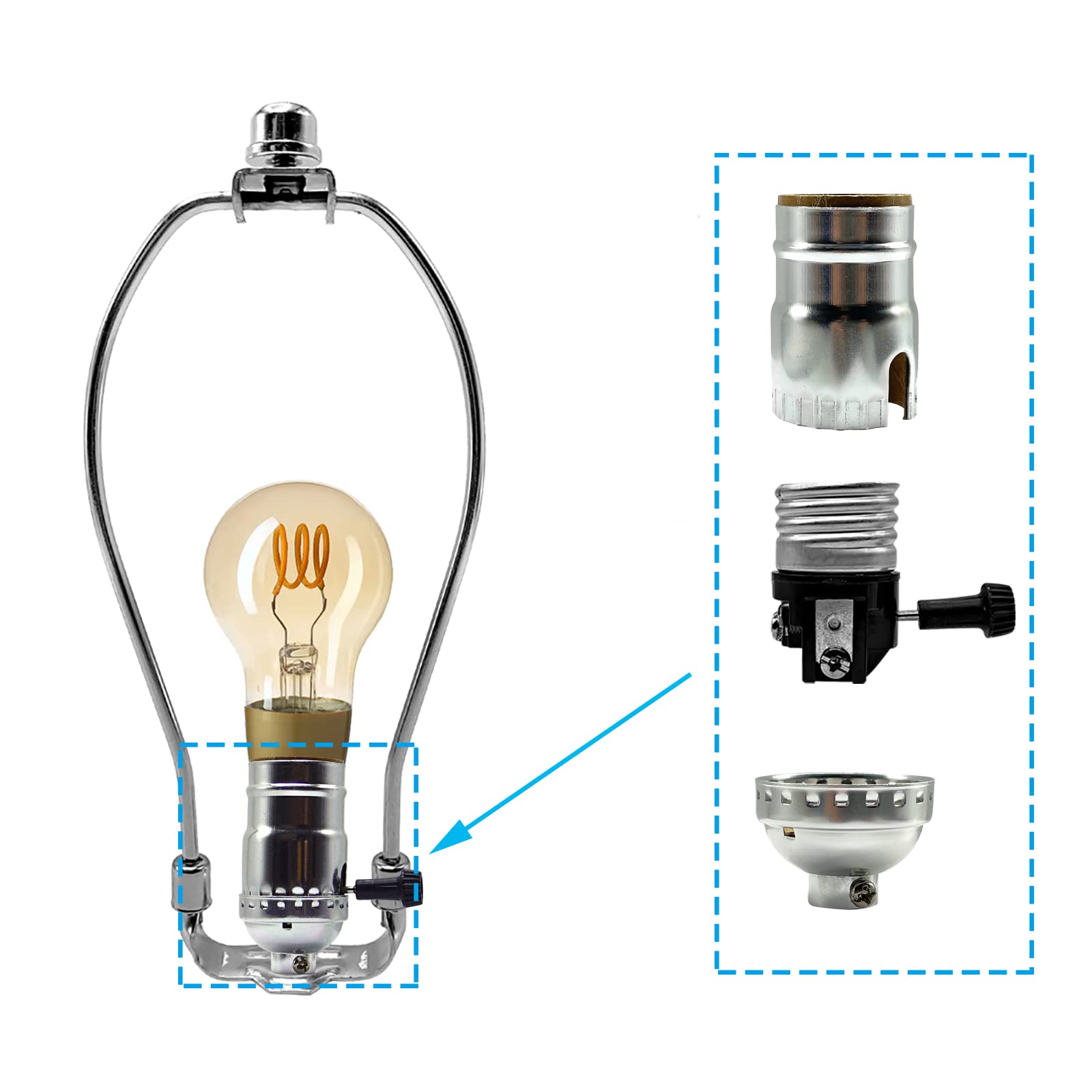 Ecudis Silver Finish Table Lamp Kit, 3-Way Socket, 8 Inch Harp, Diy Design & Repair