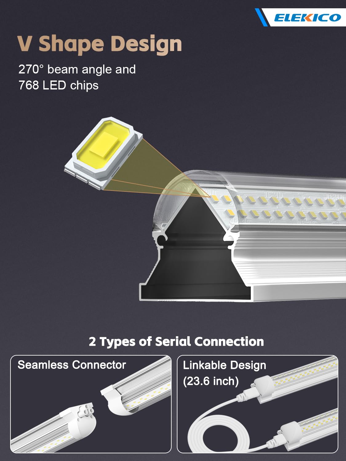 Elekico 12 Pack Super Bright 100W 8Ft Led Shop Light, 15000Lm 5000K V Shape 8' Led Shop Lights 8Ft, Linkable 96'' 8 Foot Shop Li