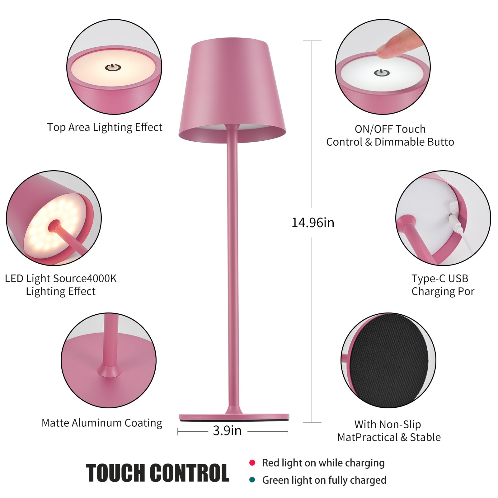 BGFHome Cordless LED Desk Lamp, 5000mAh Rechargeable, Touch Control, Pink, 2-Pack