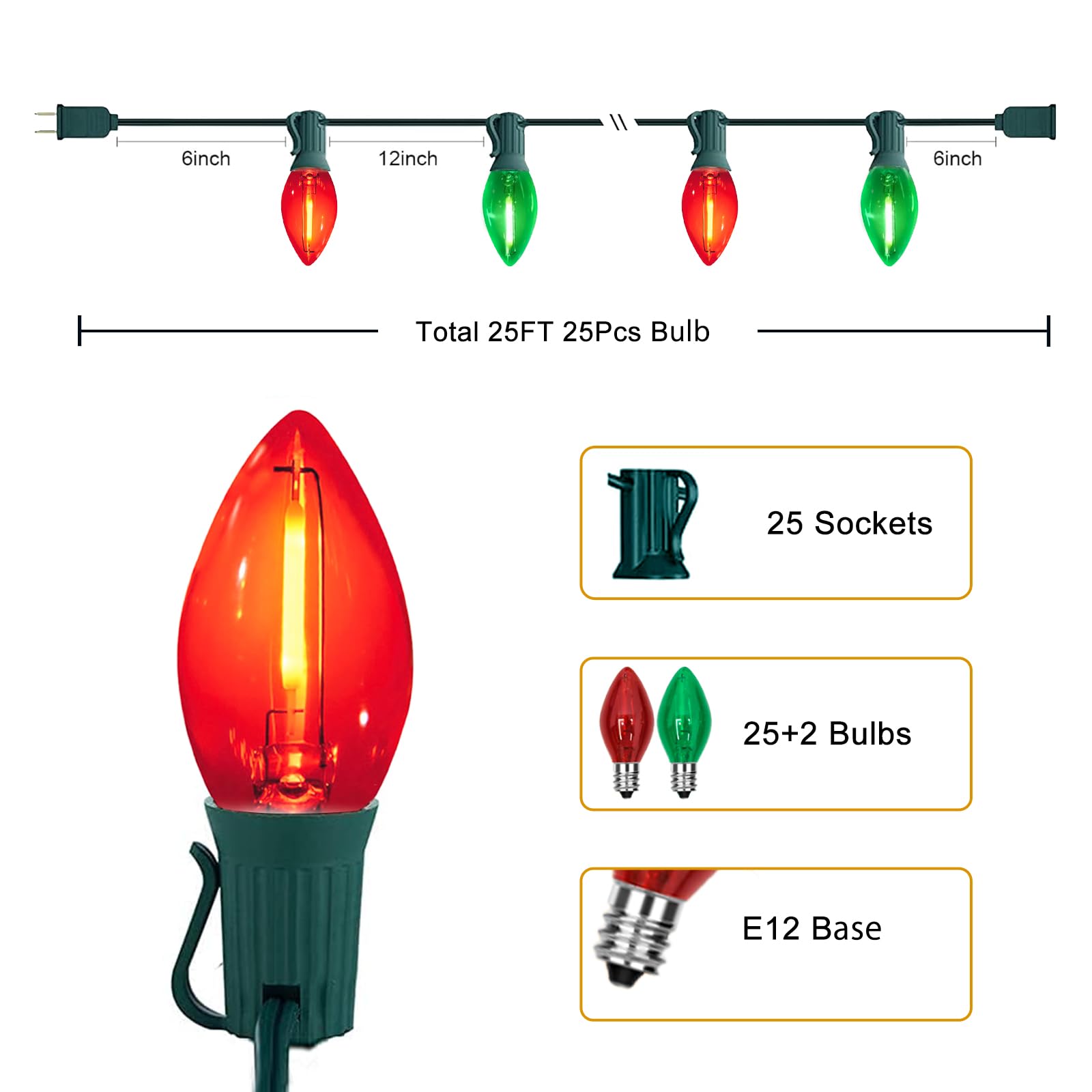 Chyparty 25Ft C7 Christmas Lights Outdoor  Red Green Classic 2-Color Led String Lights For Roof  Fence  Tree  Traditional Holiday Decor