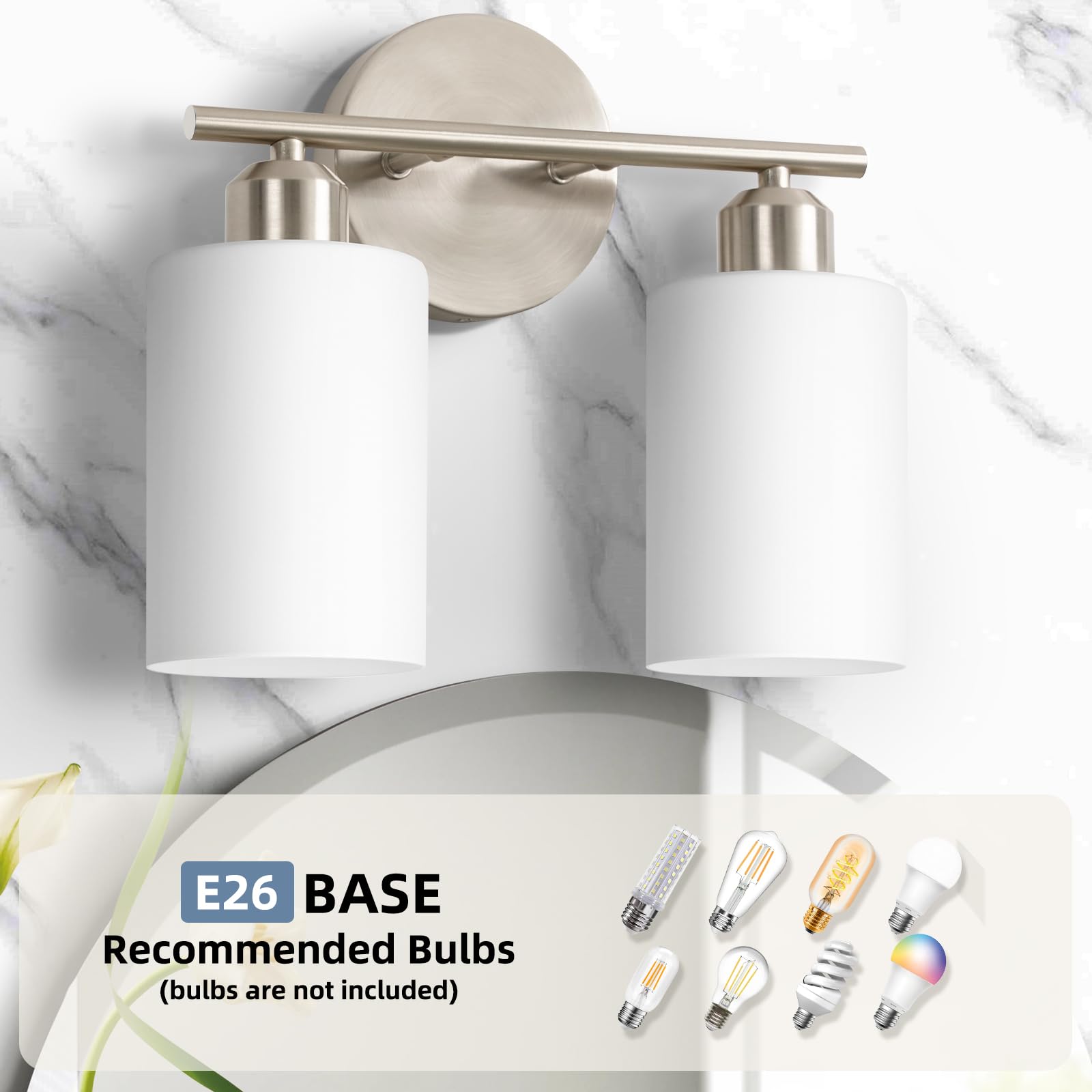 Seable Brushed Nickel Bathroom Light Fixtures, 2-Light Modern Vanity Light Over Mirror, Wall Sconces With Milky White Frosted Gl