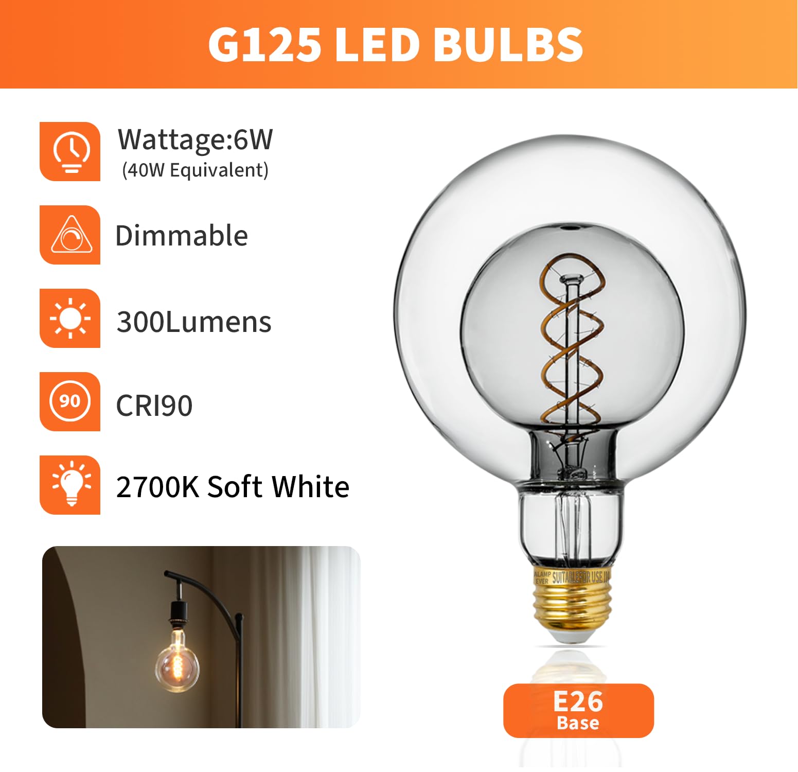 ALAMPEVER Large Globe LED Light Bulbs 6W Equivalent 40W 2700K Soft White E26 Base G125 Smoky Grey