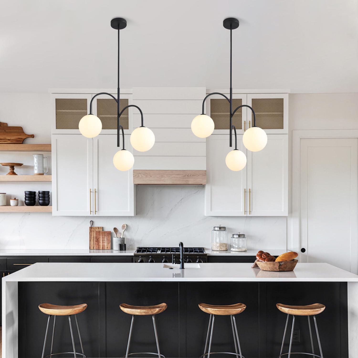 Flyrose 3-Light Milk Glass Chandelier, Black Globe Pendant, Vintage Farmhouse Light Fixture, Model FP2076-BW, White Frosted Glass