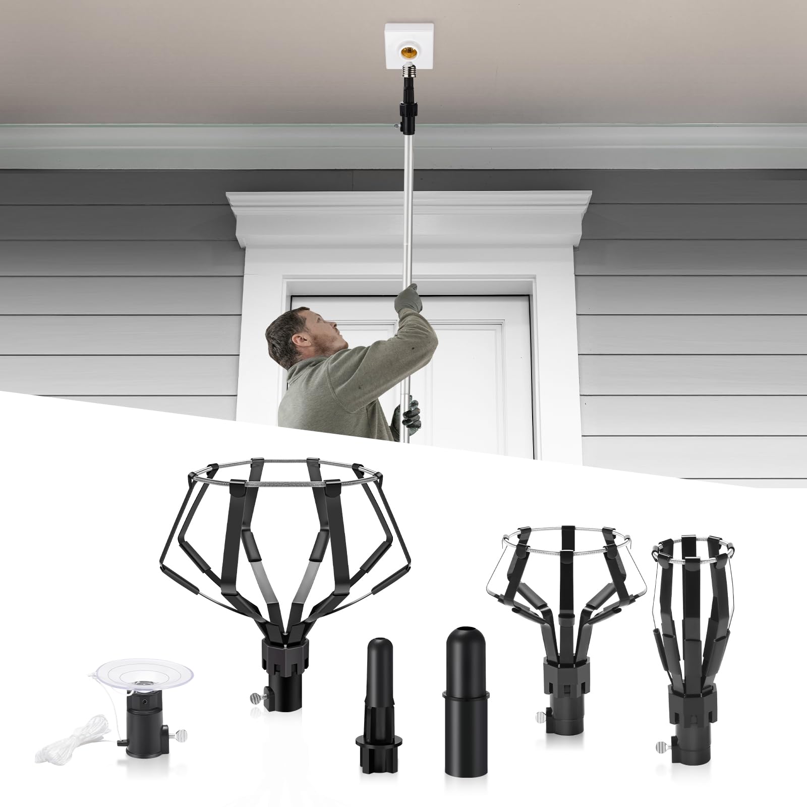 GADFISH 12FT Light Bulb Changer - 5-Piece Tool Set with Broken Bulb Extractor, Stainless Steel Color, Model DPGHQ002