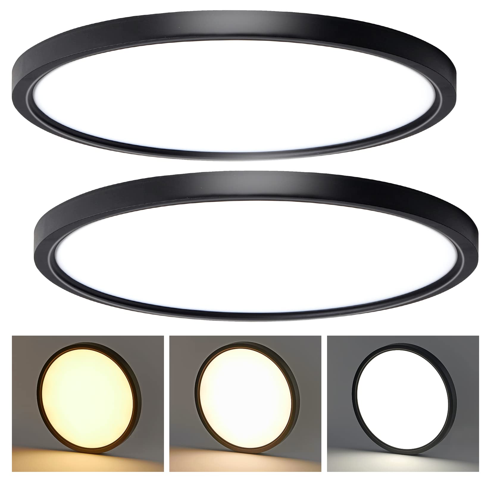 CycevSun Ceiling Light, Dimmable 3000K-4000K-5000K, 15.8 Inch, 24W Low Profile Slim, Black, 2-Pack,