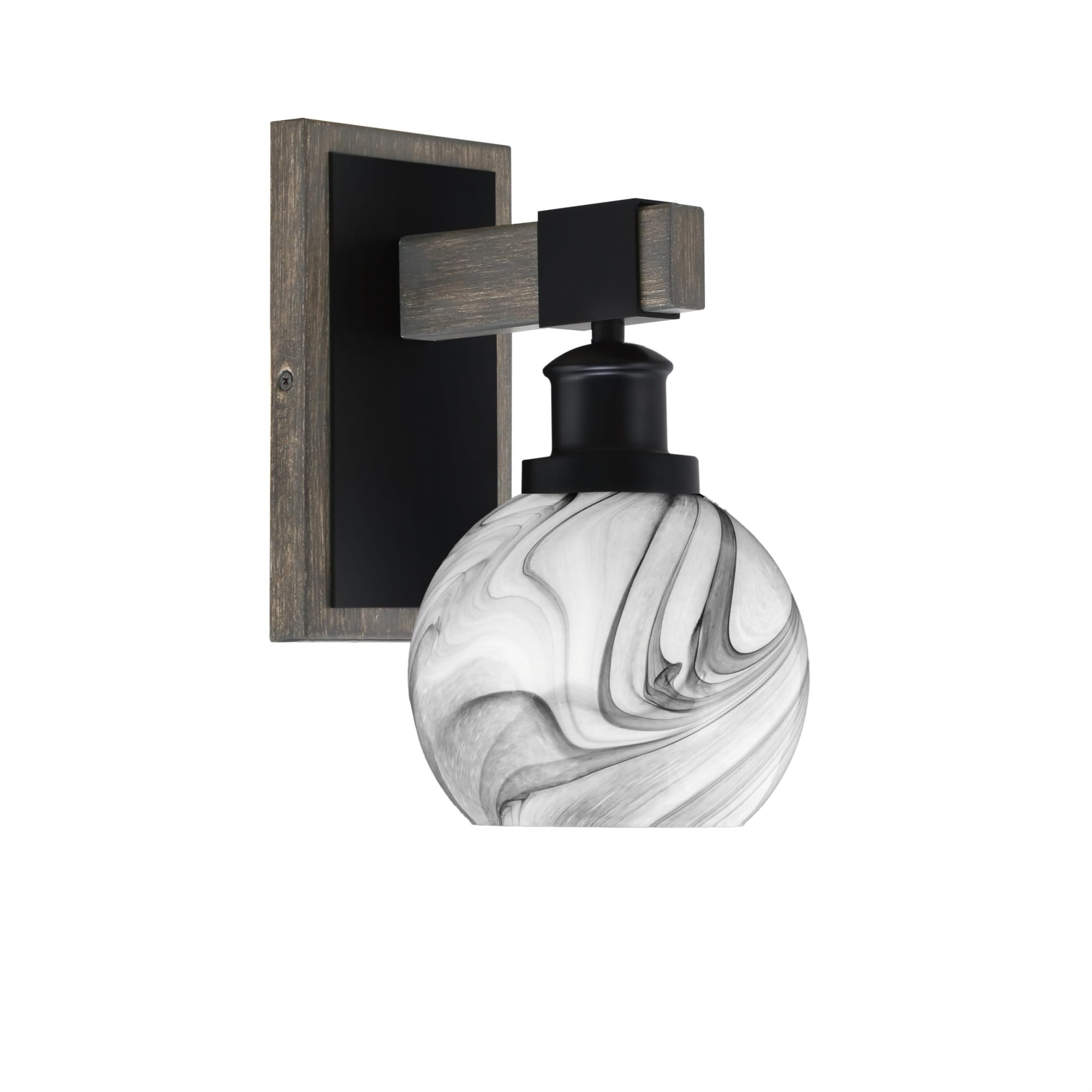 Toltec Lighting Tacoma Light Wall Sconce, Matte Black & Distressed Wood Finish, 5.75in Onyx Swirl Glass