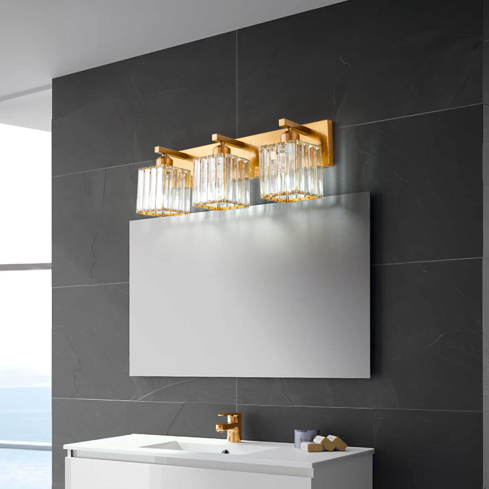 Fdpby Modern 3-Light Gold Brushed Brass Finish Crystal Wall Light For Bathroom Vanity