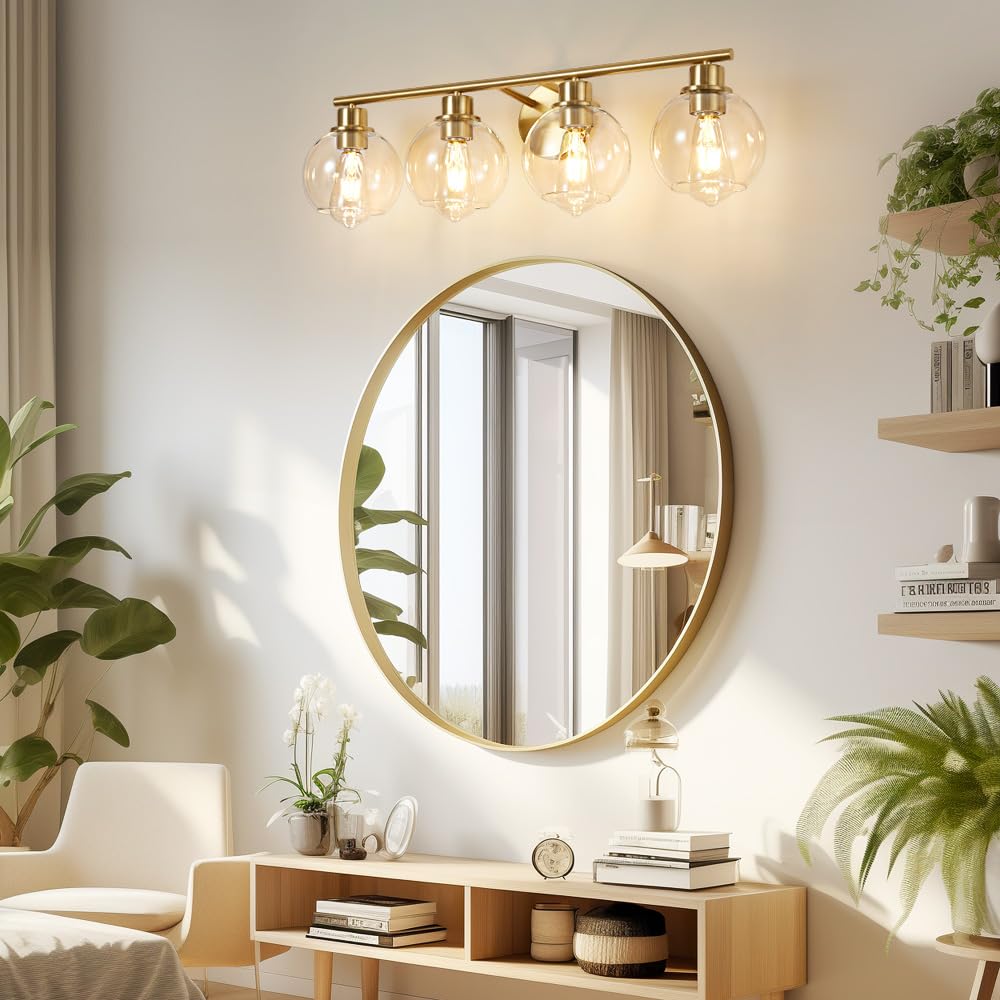 Lanmate Bathroom Light Fixtures Over Mirror 4-Lights Bathroom Vanity Light With Clear Glass Shade 29.5 Inch Modern Wall Sconce G