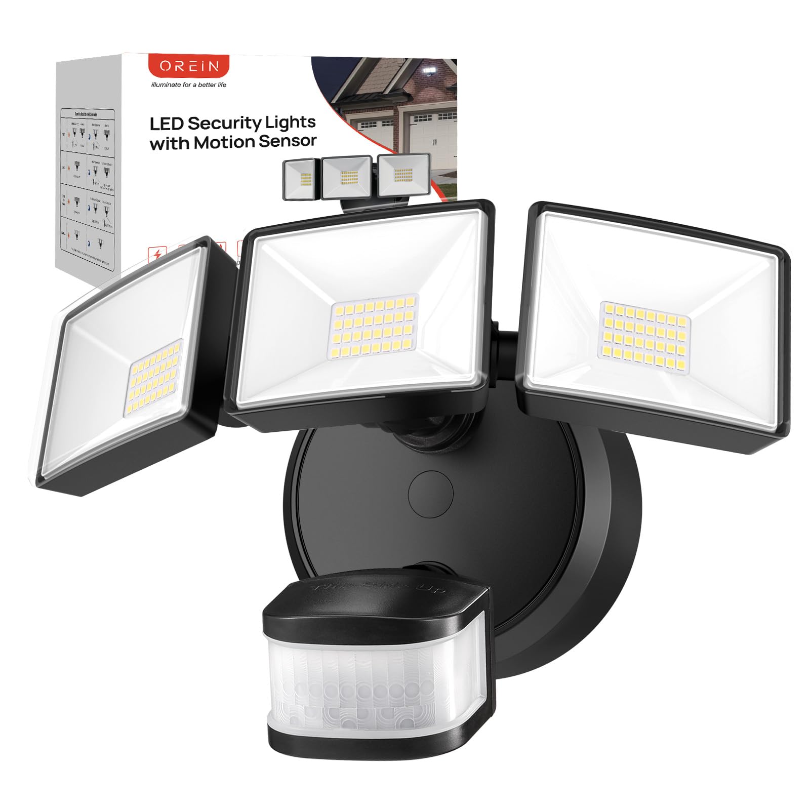 OREiN Flood Lights Outdoor, 6500LM/42W, IP65 Waterproof, Motion Sensor, Dimmable, Black, Model OL3600554