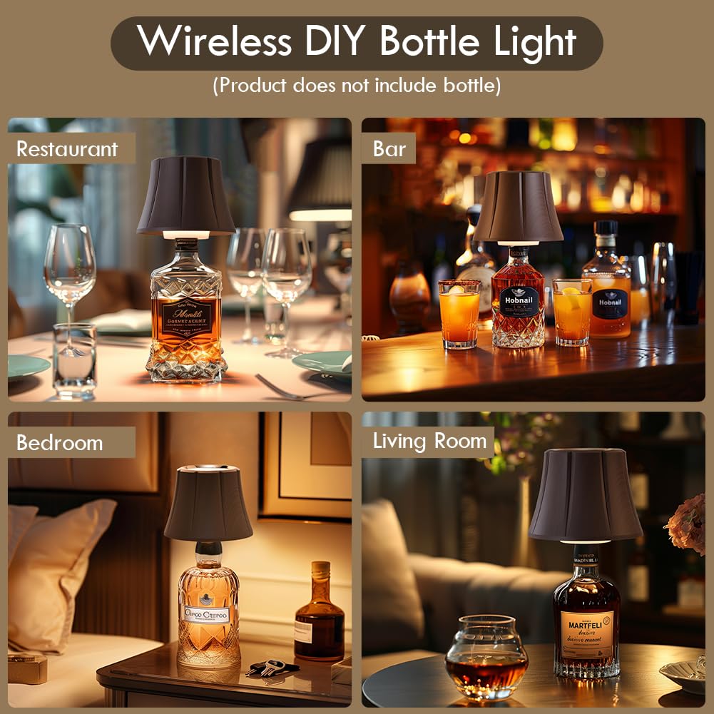 WILIT Wireless Bottle Lamp - Cordless Night Light, 3-Level Brightness, Flower-Brown Wood Grain, Ideal for Bedroom & Bar Decor