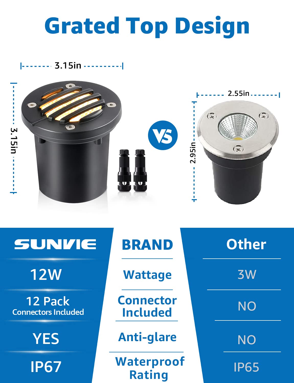 SUNVIE 12W Low Voltage LED Well Lights, Waterproof 3000K, Black, Model MDWG1206C, 6 Pack with Connectors for Outdoor Landscape Lighting