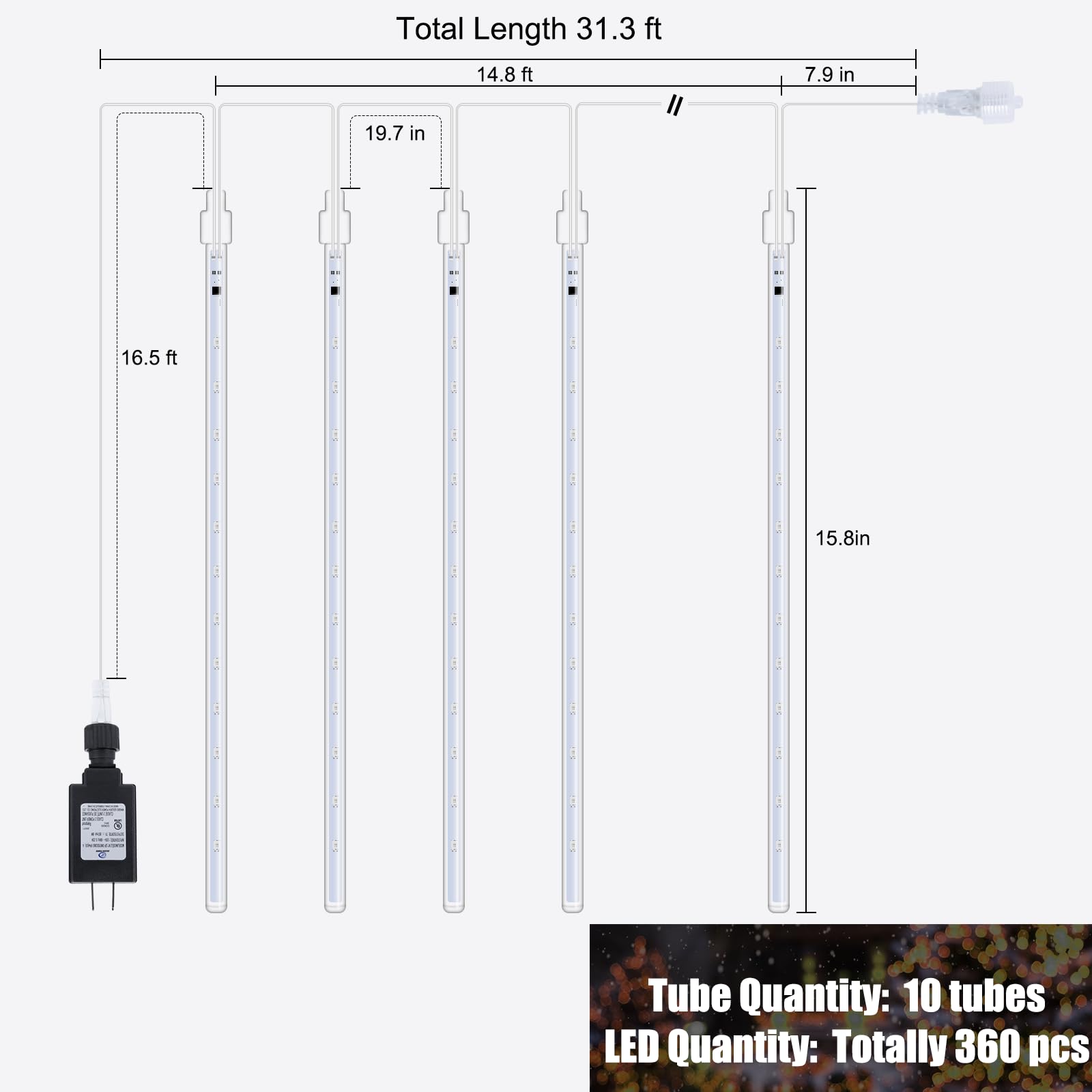 Meteor Shower Lights Outdoor,16 Inches 10 Tubes 360 Led Snowfall Light, Waterproof Meteor Christmas Icicle Lights, Hanging Falli